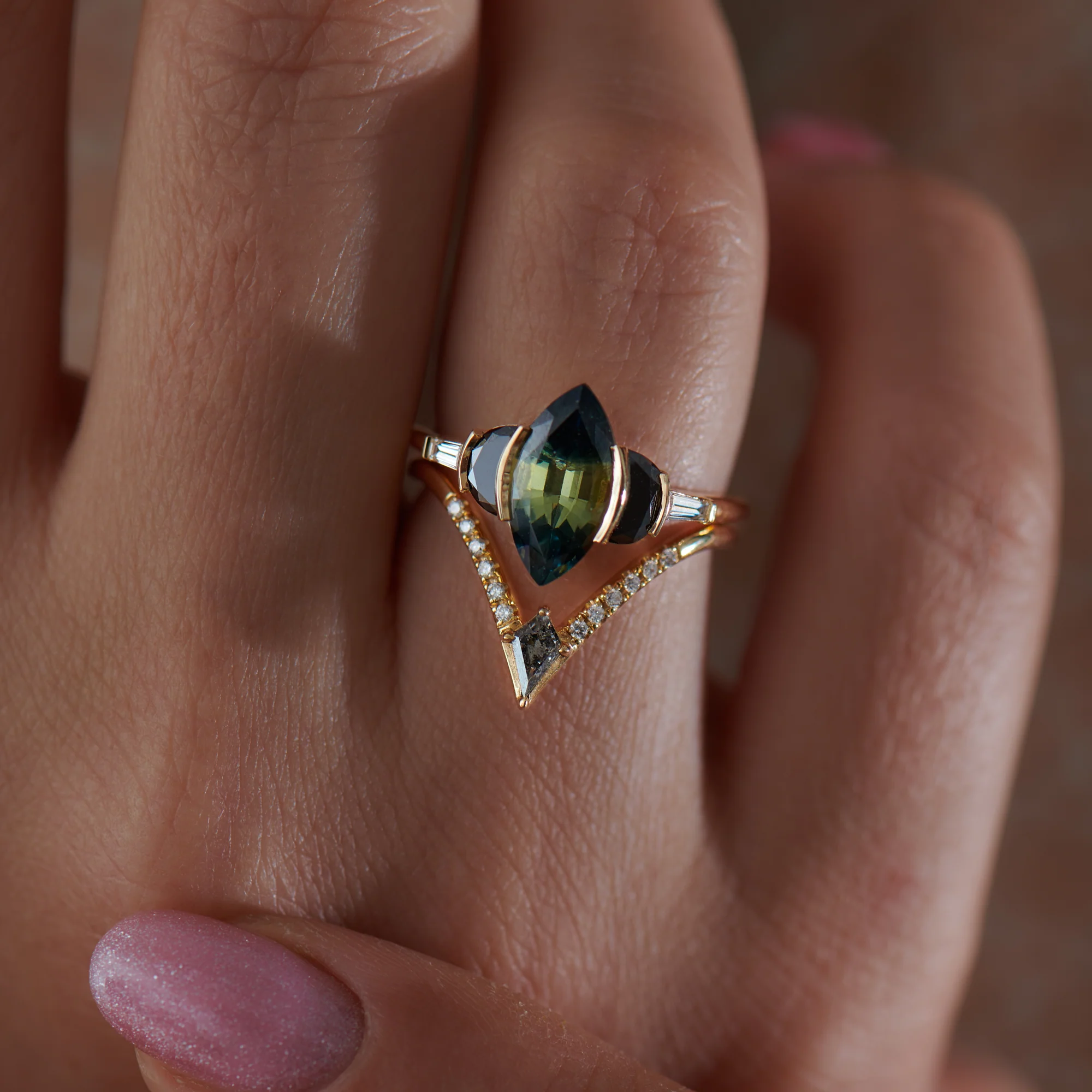 Nesting Kite Diamond Wedding Ring with a Pave Diamond Band - Image 4