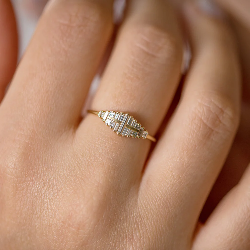 Baguette Cut Cluster Diamond Ring - Unique Engagement Ring - Image 3