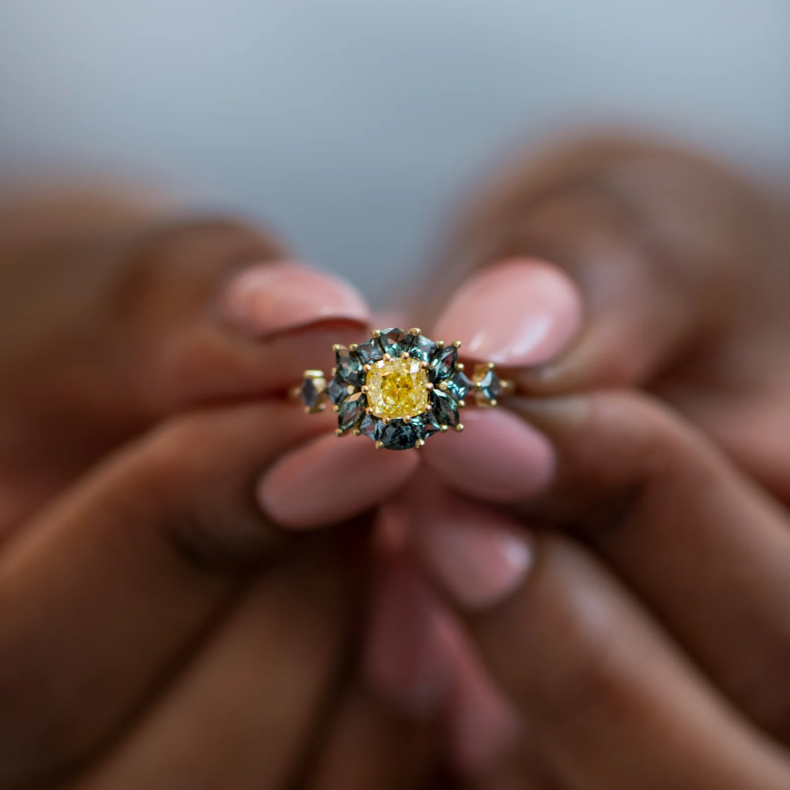 OOAK Color Change Garnet Engagement Ring with Fancy Yellow Diamond - Image 3