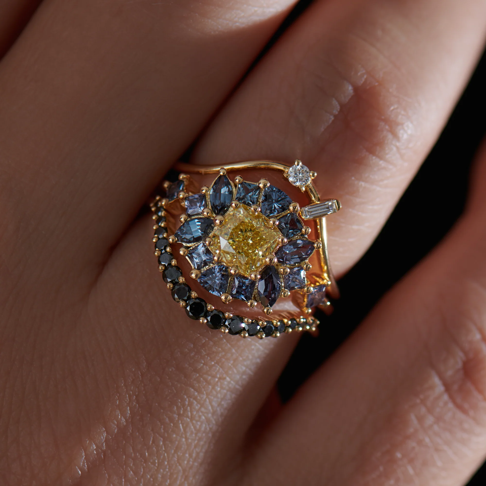 OOAK Color Change Garnet Engagement Ring with Fancy Yellow Diamond - Image 4