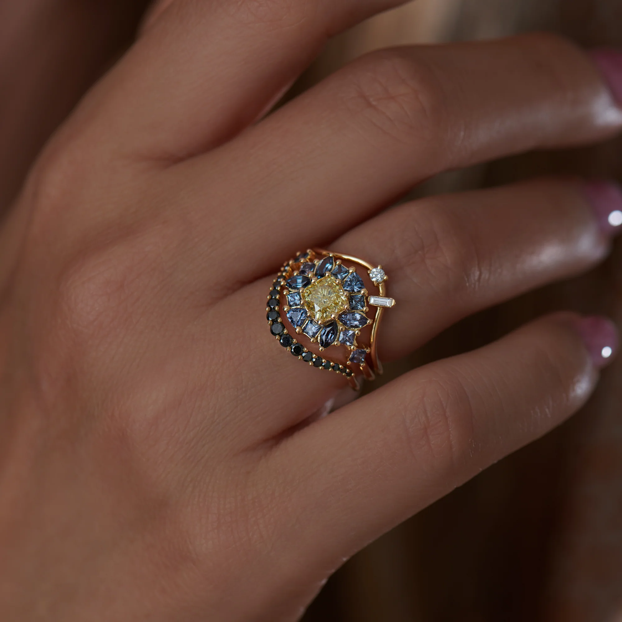 OOAK Color Change Garnet Engagement Ring with Fancy Yellow Diamond - Image 6