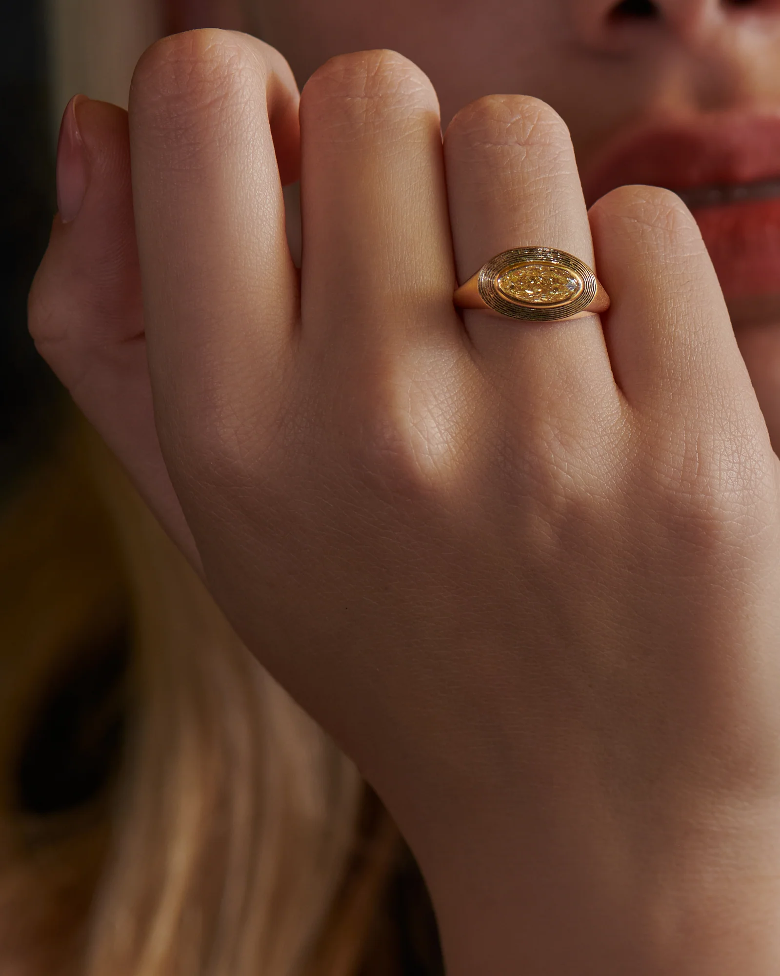 OOAK Engraved Fancy Yellow Moval Diamond Stepped Ring - Image 5