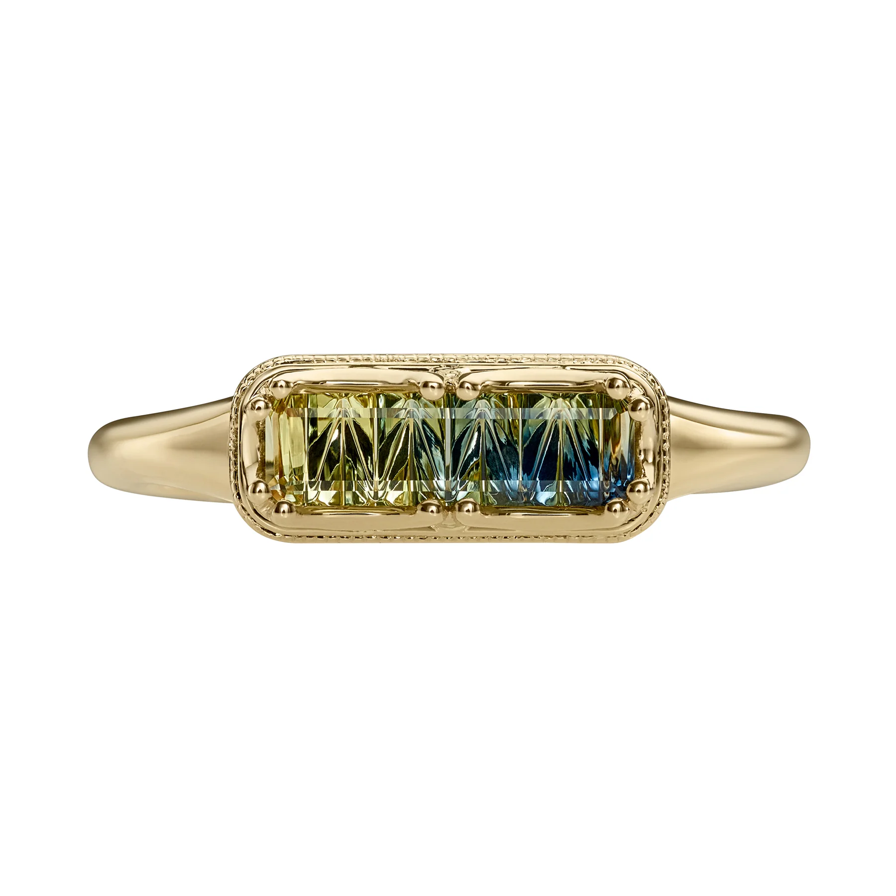 OOAK Novelty Cut Parti Sapphire Ring with Milgrain Detail