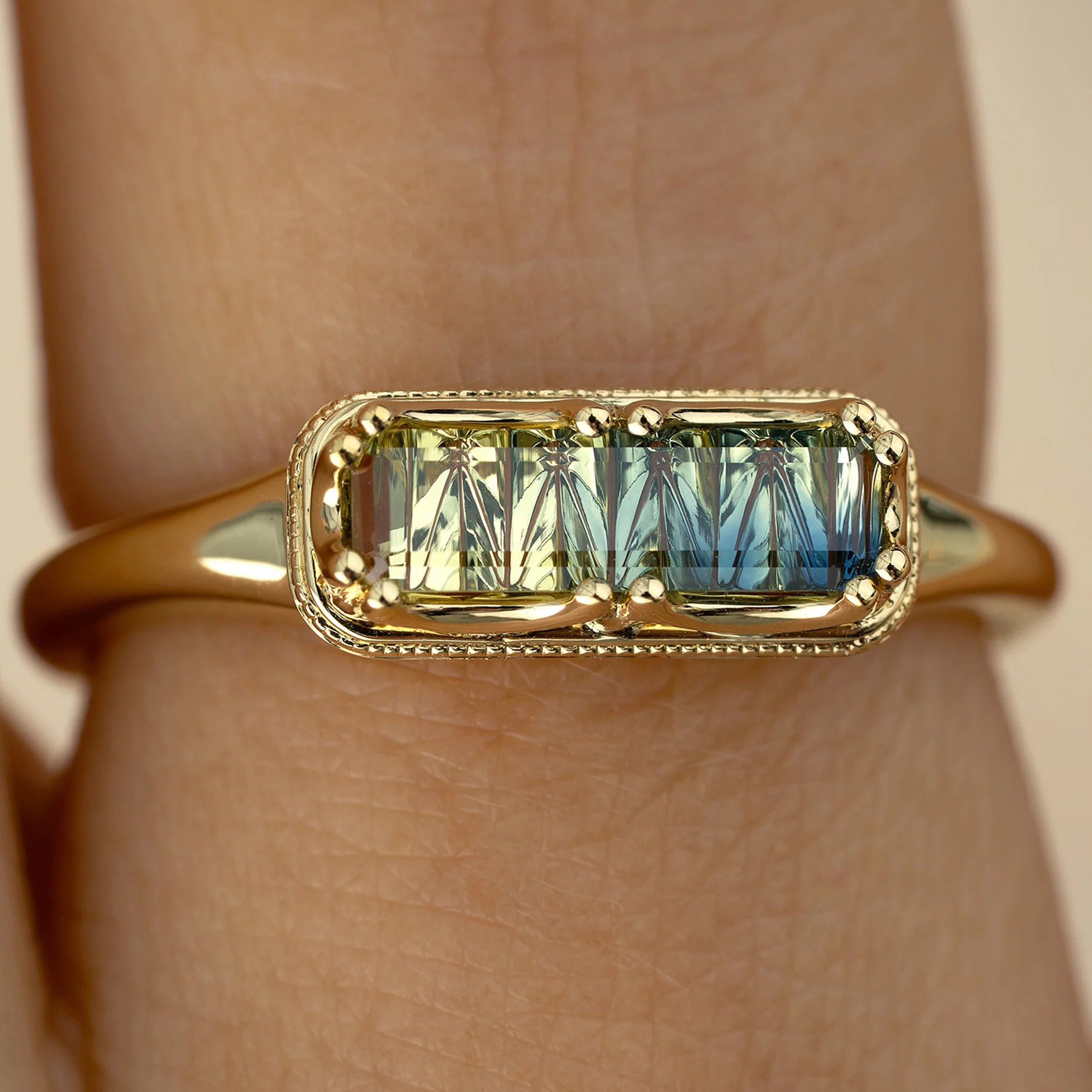 OOAK Novelty Cut Parti Sapphire Ring with Milgrain Detail - Image 3