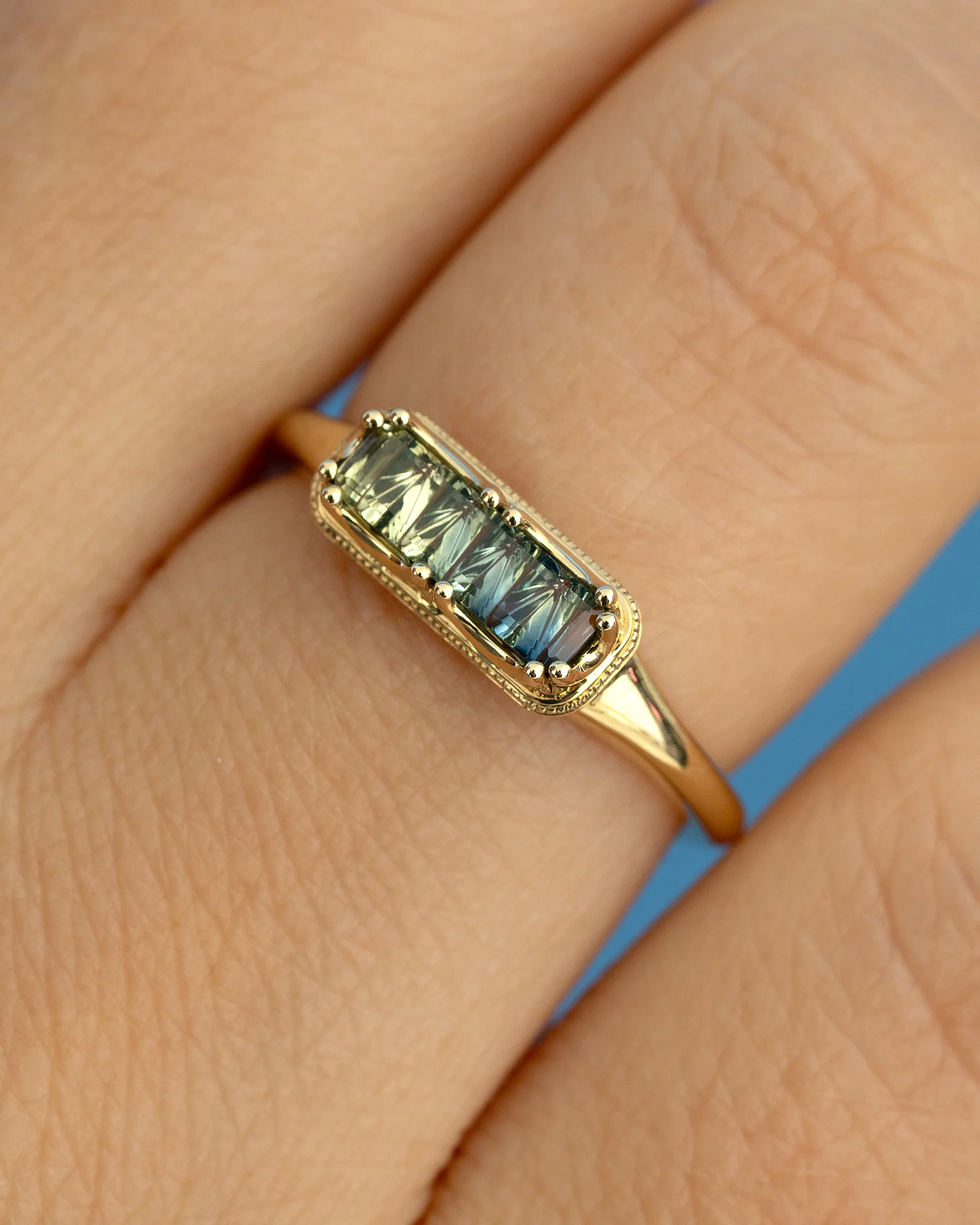 OOAK Novelty Cut Parti Sapphire Ring with Milgrain Detail - Image 4