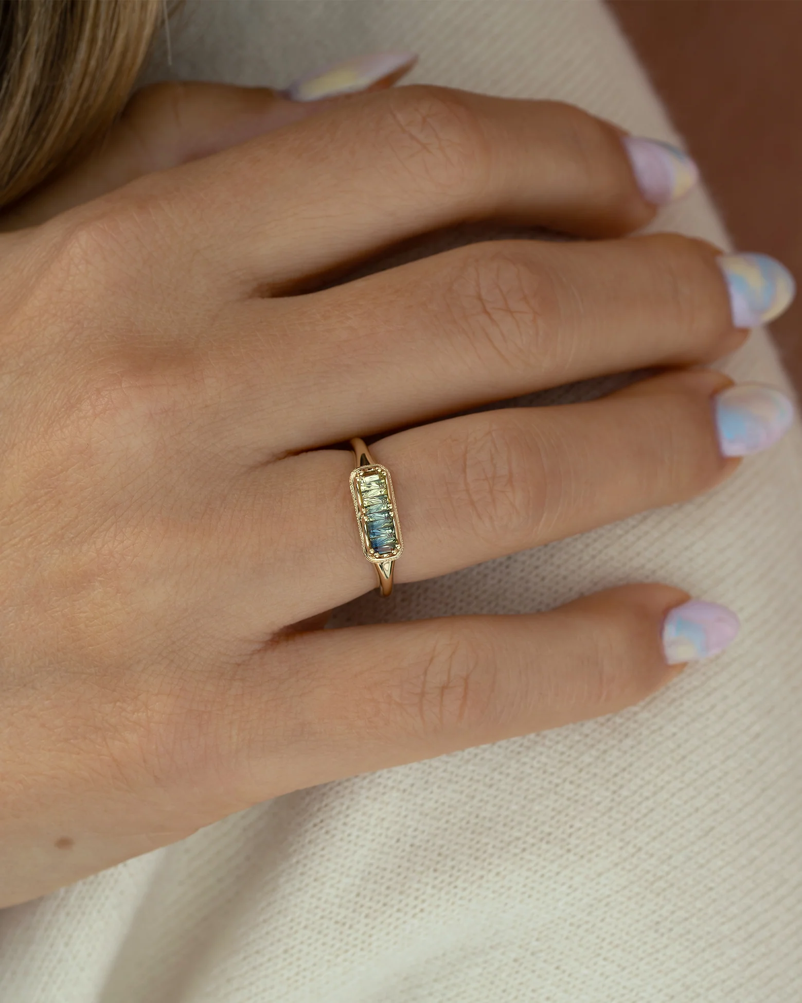 OOAK Novelty Cut Parti Sapphire Ring with Milgrain Detail - Image 9