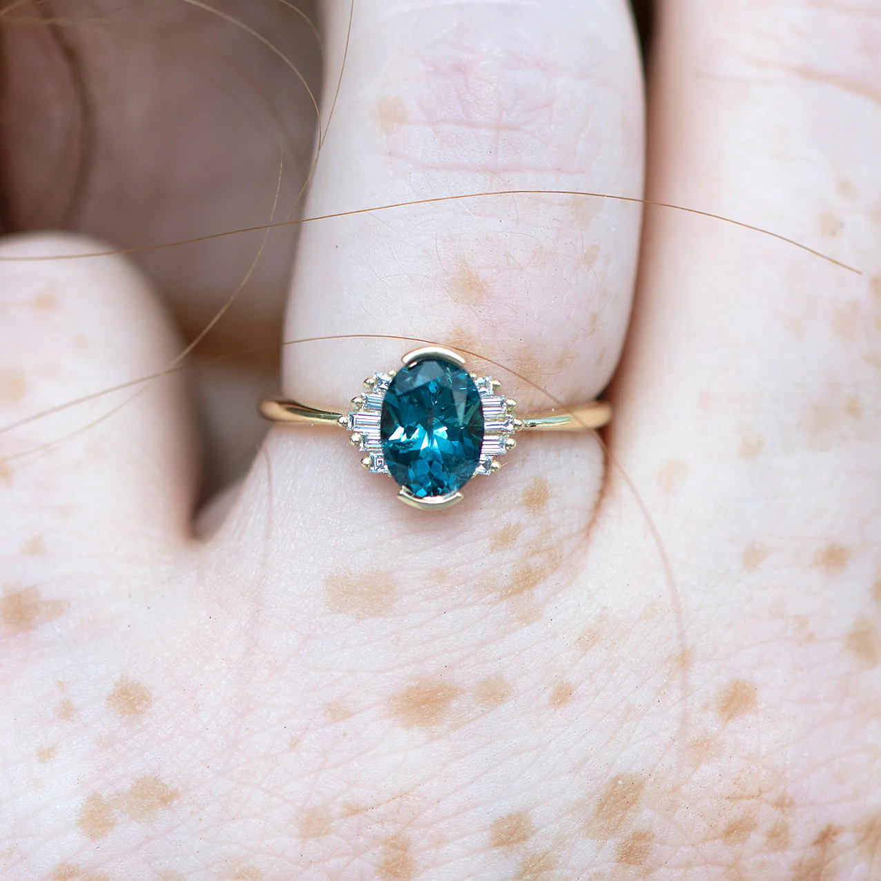 OOAK Oval Cut Teal Sapphire Engagement Ring with White Diamond Wings - Image 4