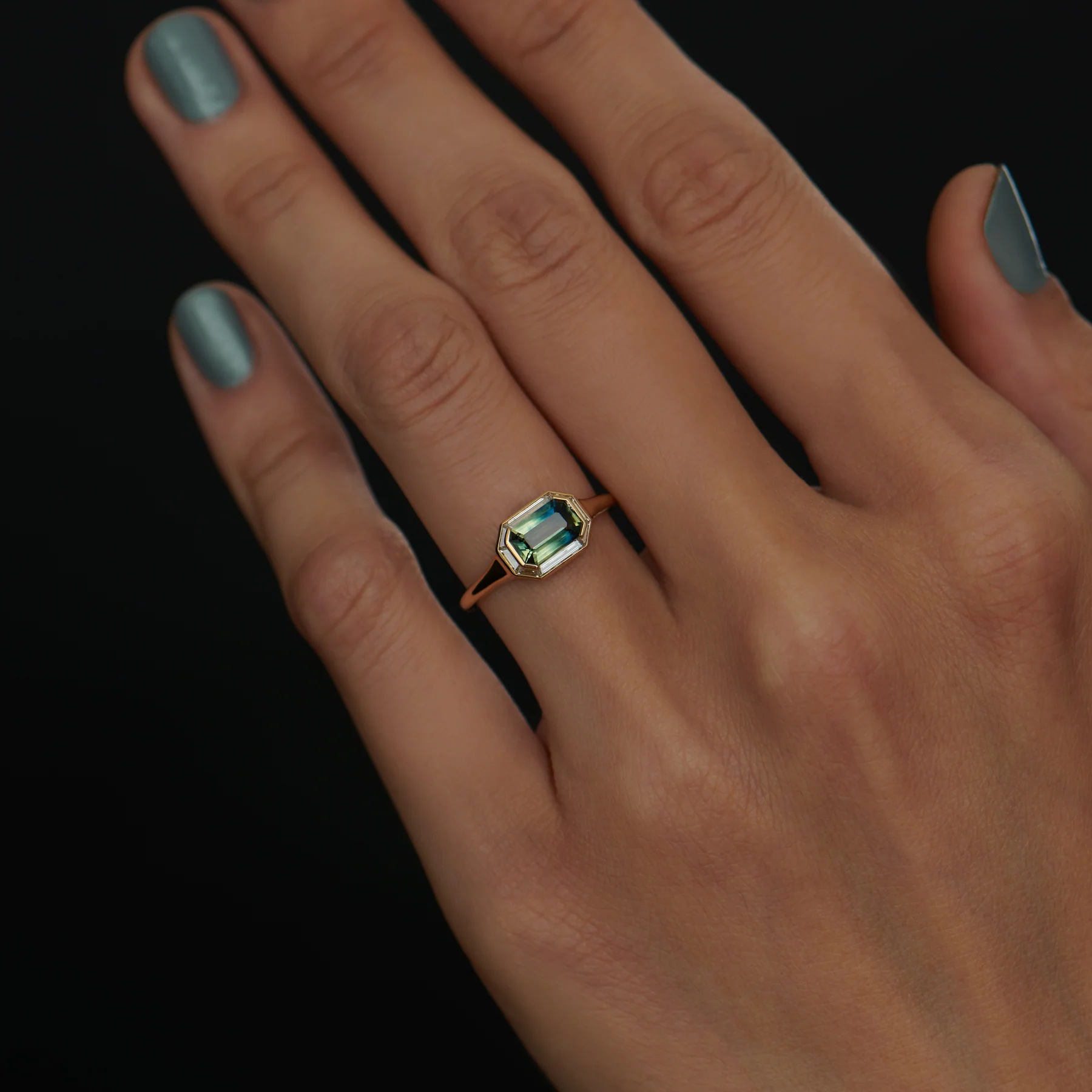 OOAK Parti Sapphire & Trapezoid Diamond Engagement Ring - Image 4