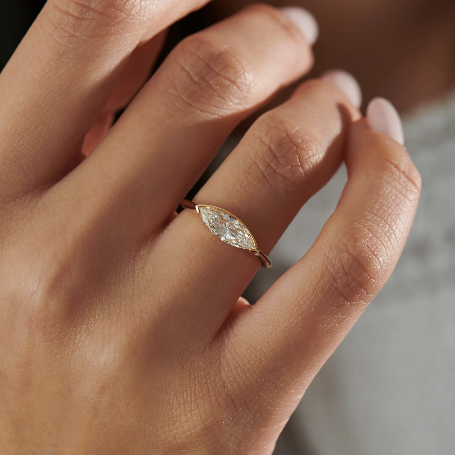 OOAK Stream Long Marquise Diamond & Gold Engagement Ring - Image 4