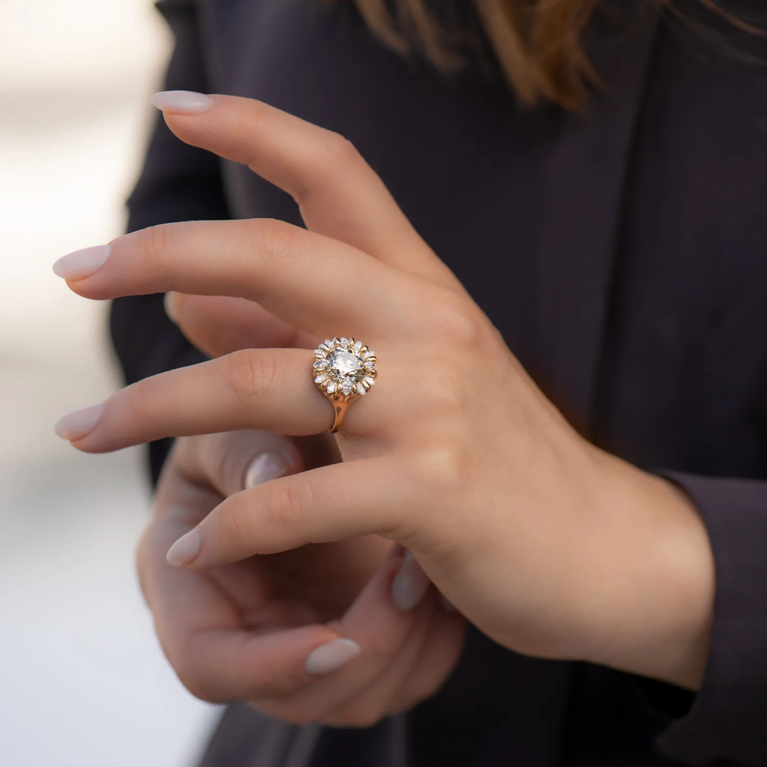 OOAK Sunflower Engagement Ring with Champagne and White Diamonds - Image 5