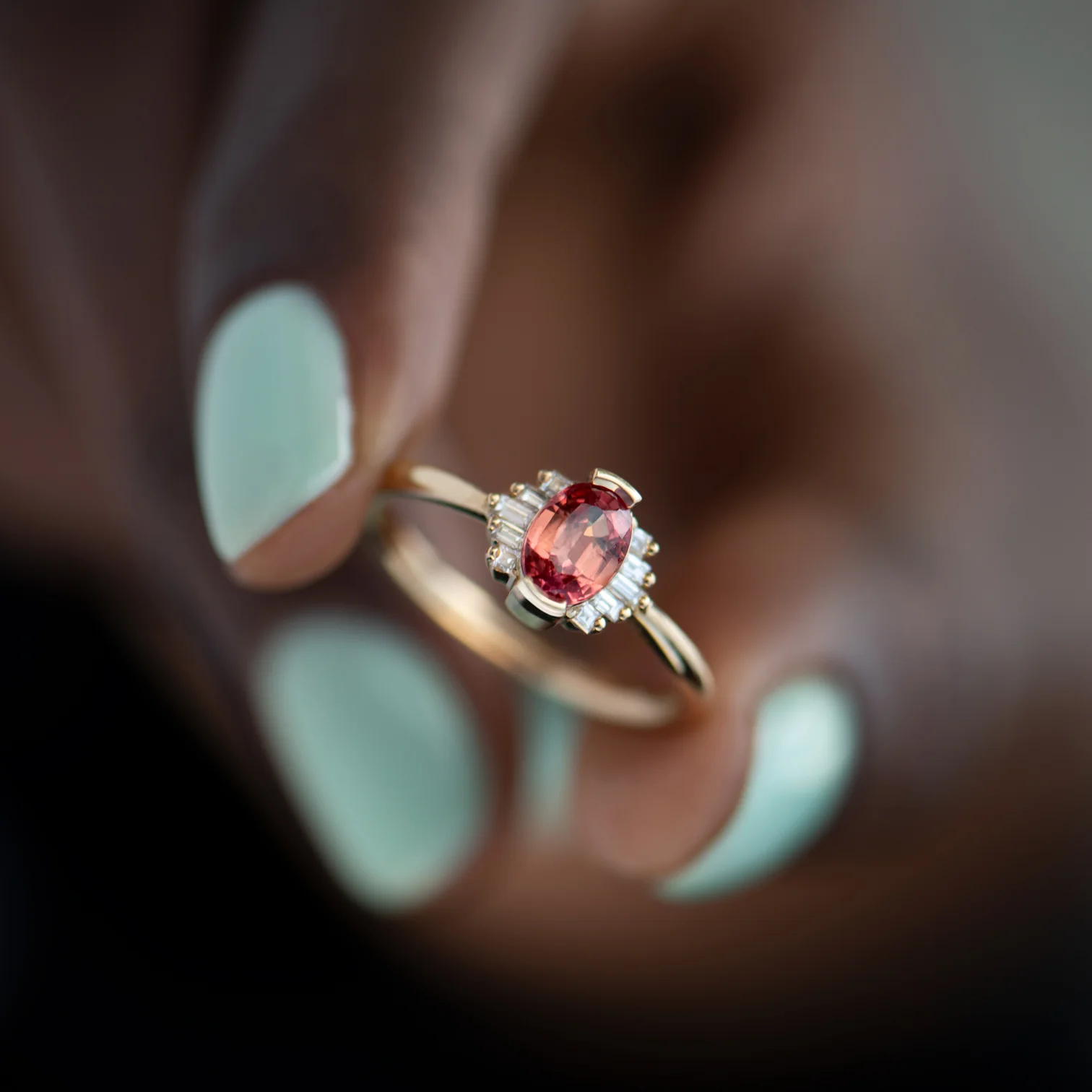 Oval Cut Padparadscha Engagement Ring with Baguette Diamond Wings - OOAK - Image 4