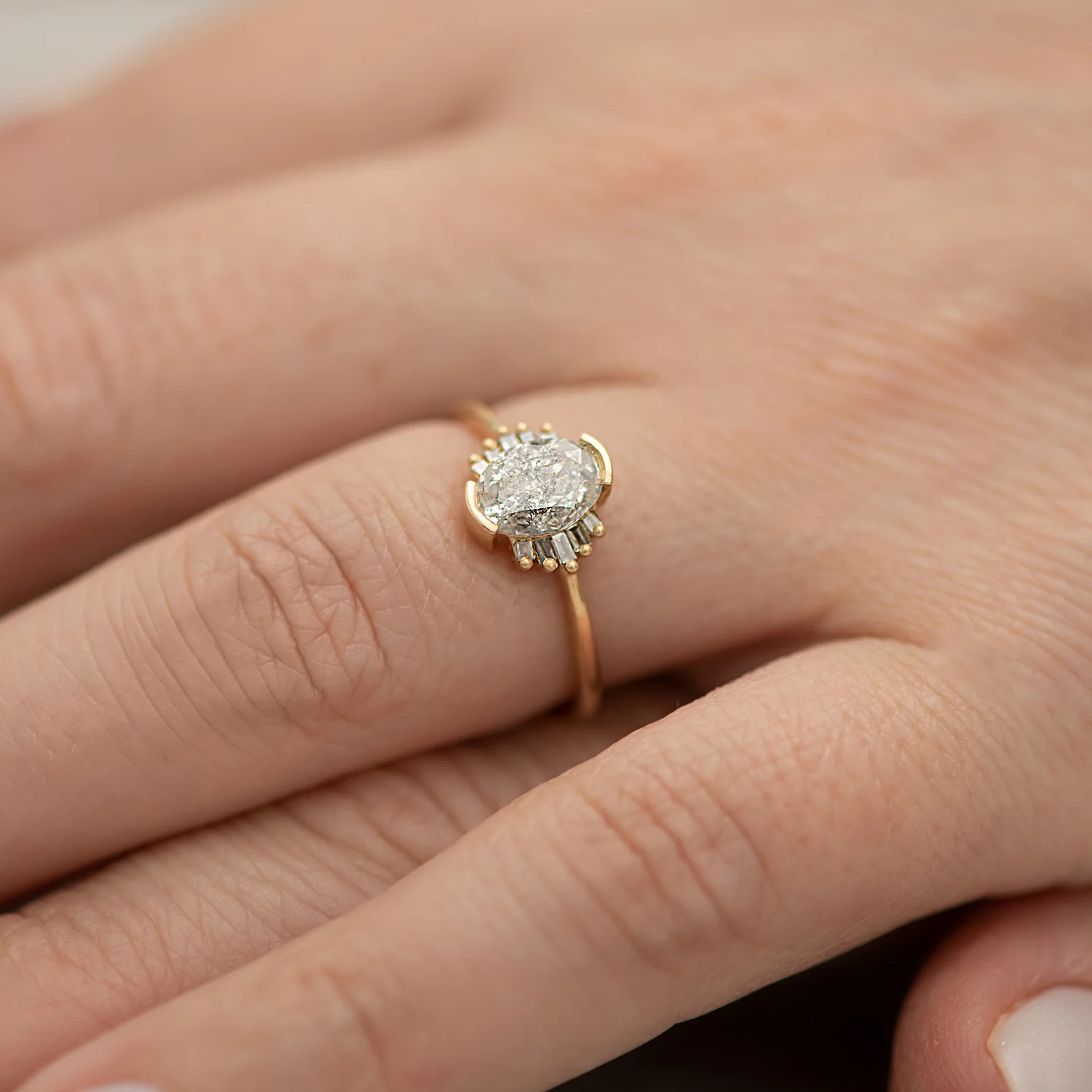 Oval Cut Salt and Pepper Diamond Engagement Ring with Baguette Frills - Image 6