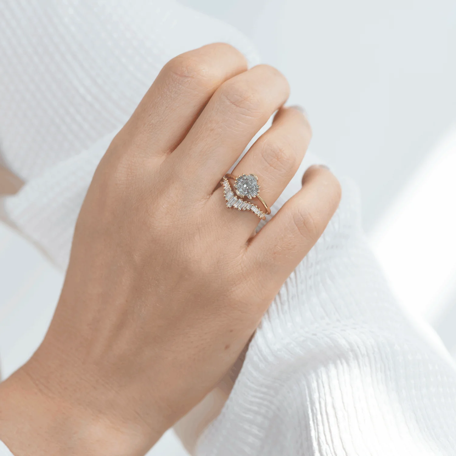 Oval Cut Salt and Pepper Diamond Engagement Ring with Baguette Frills - Image 7