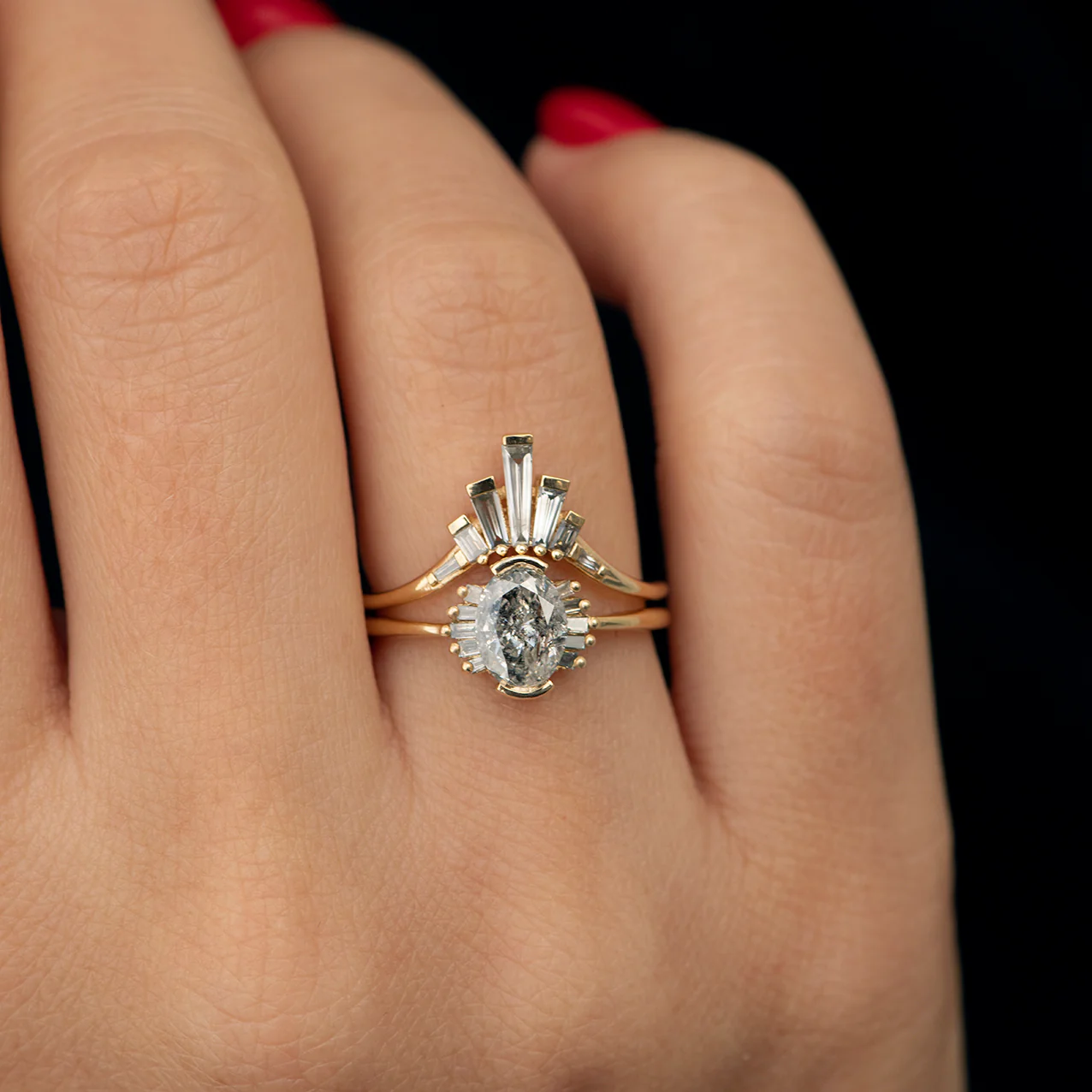 Oval Cut Salt and Pepper Diamond Engagement Ring with Baguette Frills - Image 9