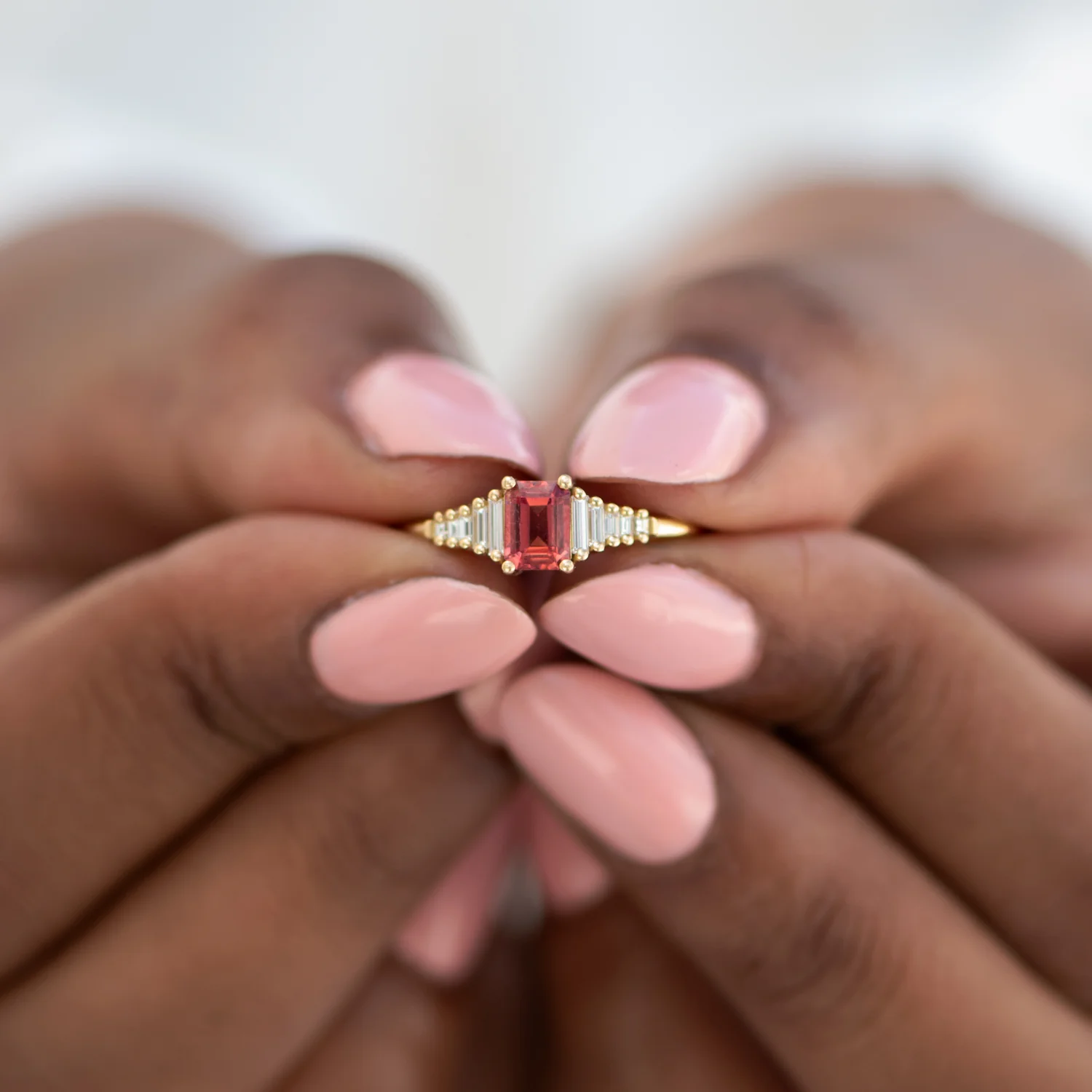 Padparadscha Sapphire Engagement Ring with Baguette Diamond Detailing - Image 7