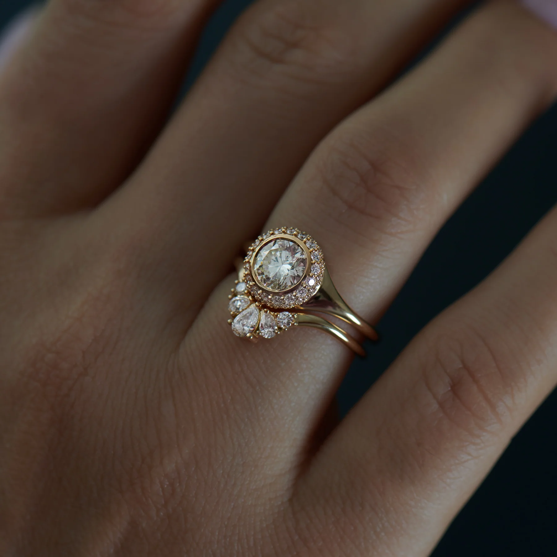 Pear & Brilliant Diamond Crown Nesting Wedding Ring - Image 5