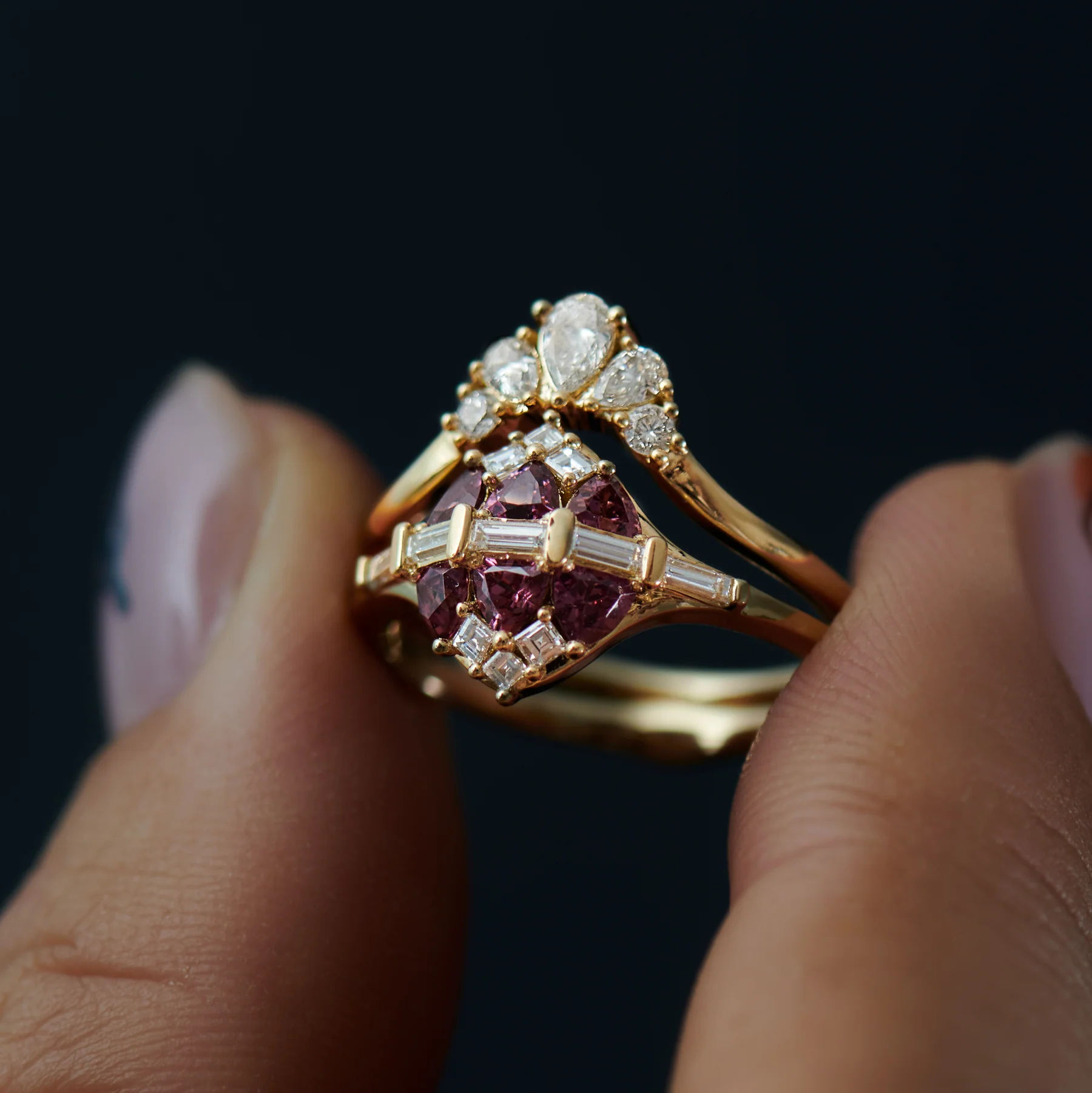 Pear & Brilliant Diamond Crown Nesting Wedding Ring - Image 6