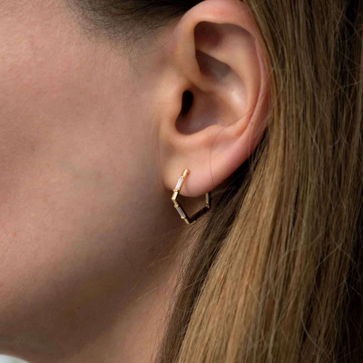 Pentagon Shaped Hoop Earrings with Baguette Diamonds - Image 6