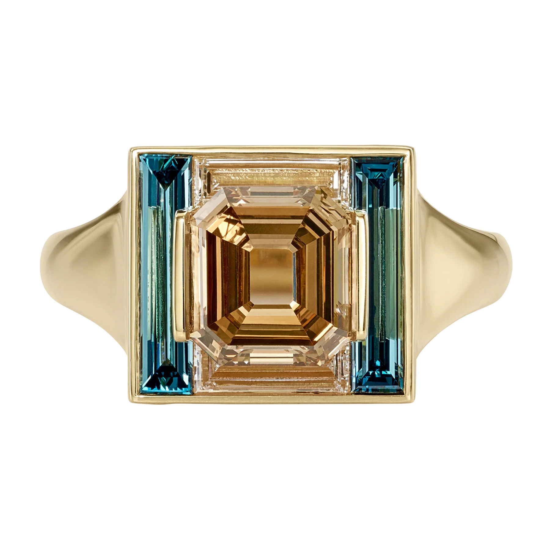 Piet Fancy Emerald Cut Diamond Ring with Teal & White Diamond Halo