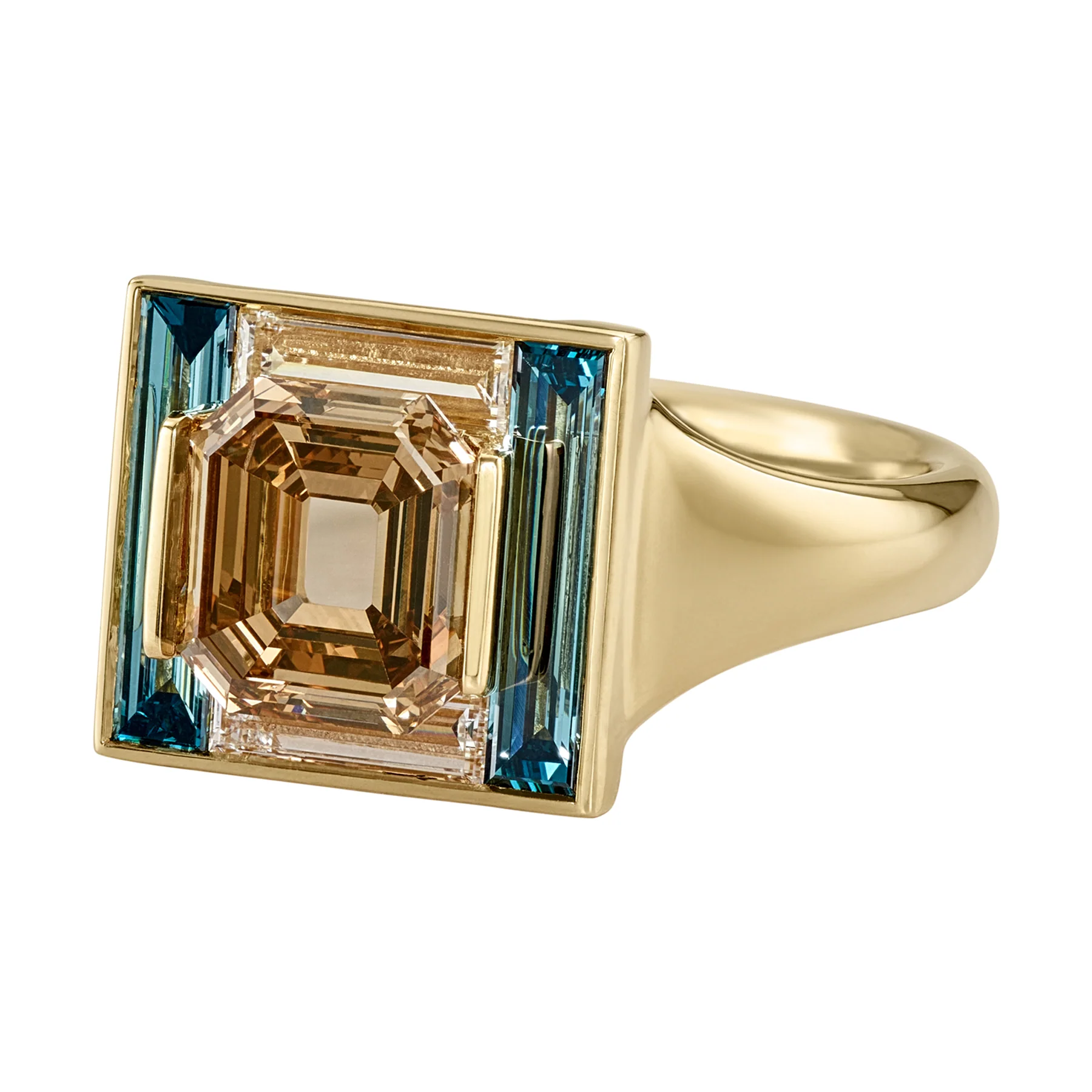 Piet Fancy Emerald Cut Diamond Ring with Teal & White Diamond Halo - Image 2