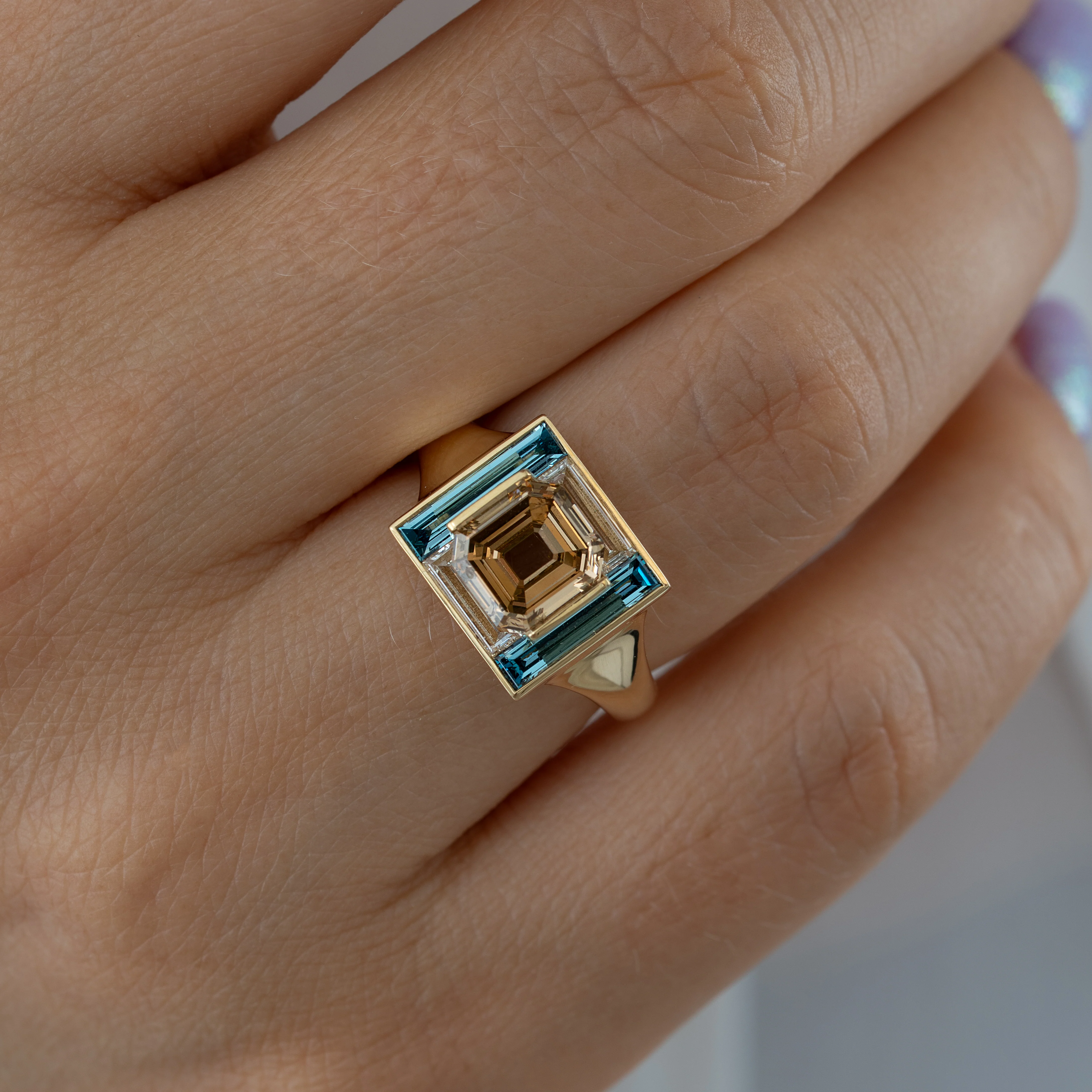 Piet Fancy Emerald Cut Diamond Ring with Teal & White Diamond Halo - Image 3