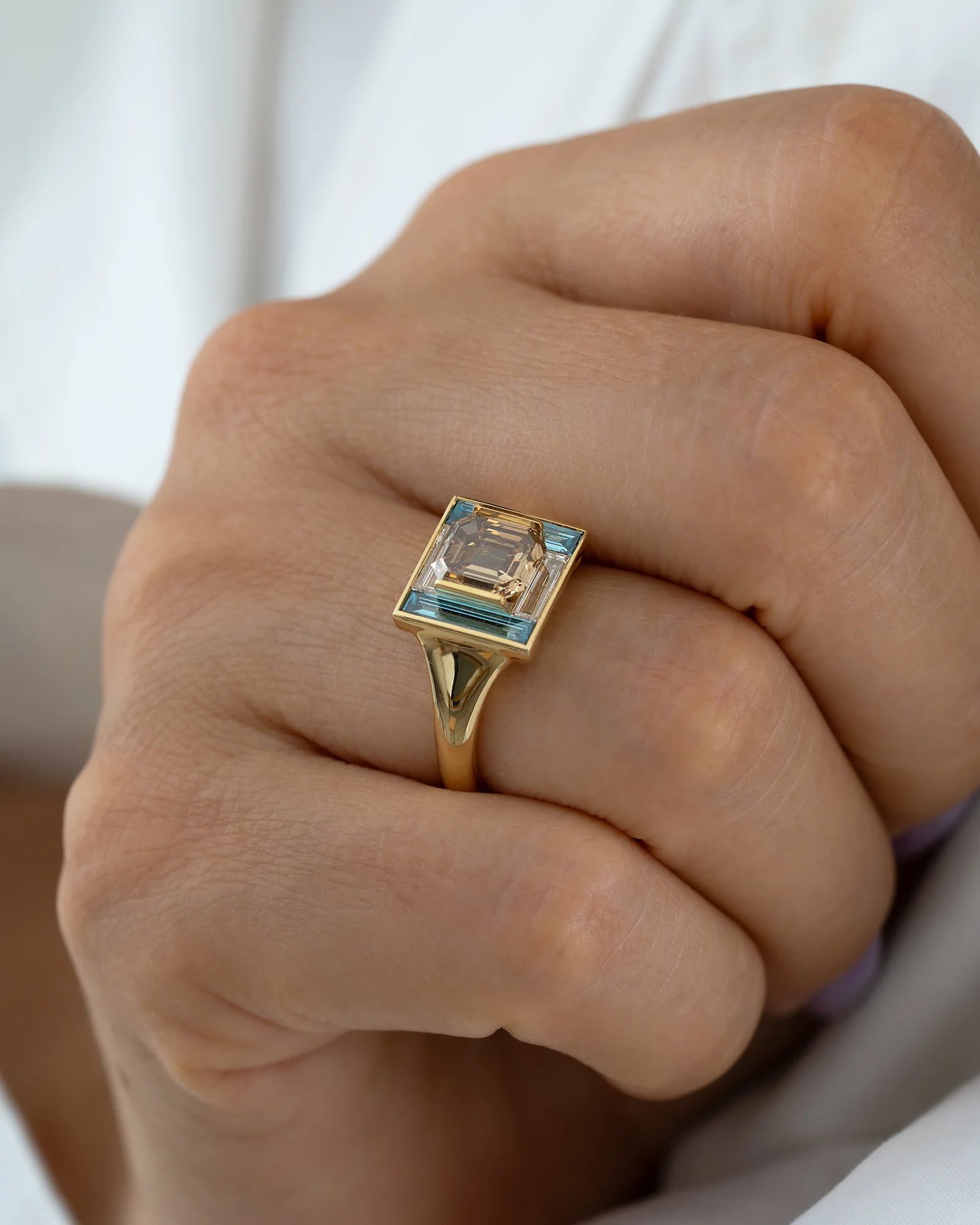Piet Fancy Emerald Cut Diamond Ring with Teal & White Diamond Halo - Image 4