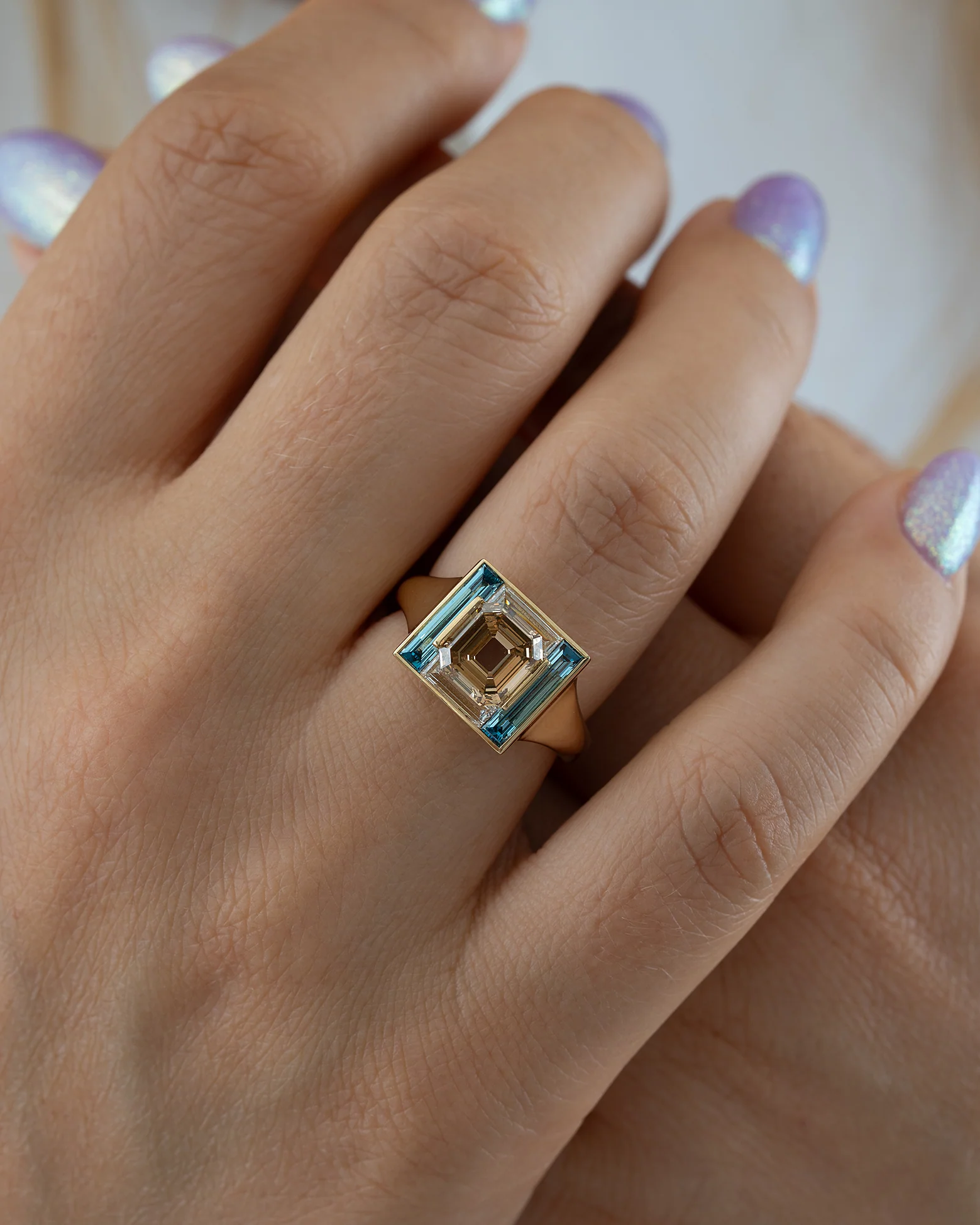 Piet Fancy Emerald Cut Diamond Ring with Teal & White Diamond Halo - Image 5