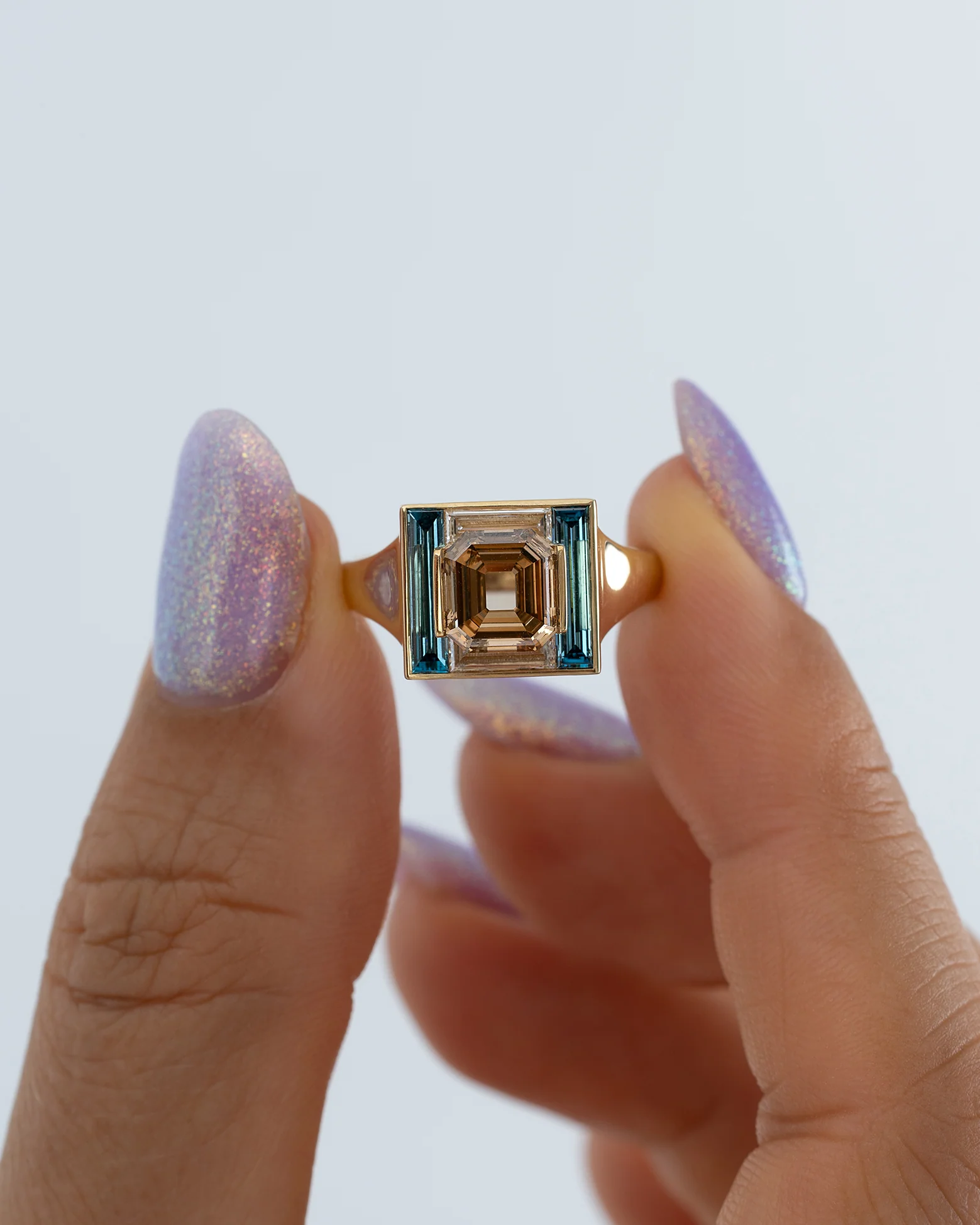 Piet Fancy Emerald Cut Diamond Ring with Teal & White Diamond Halo - Image 6
