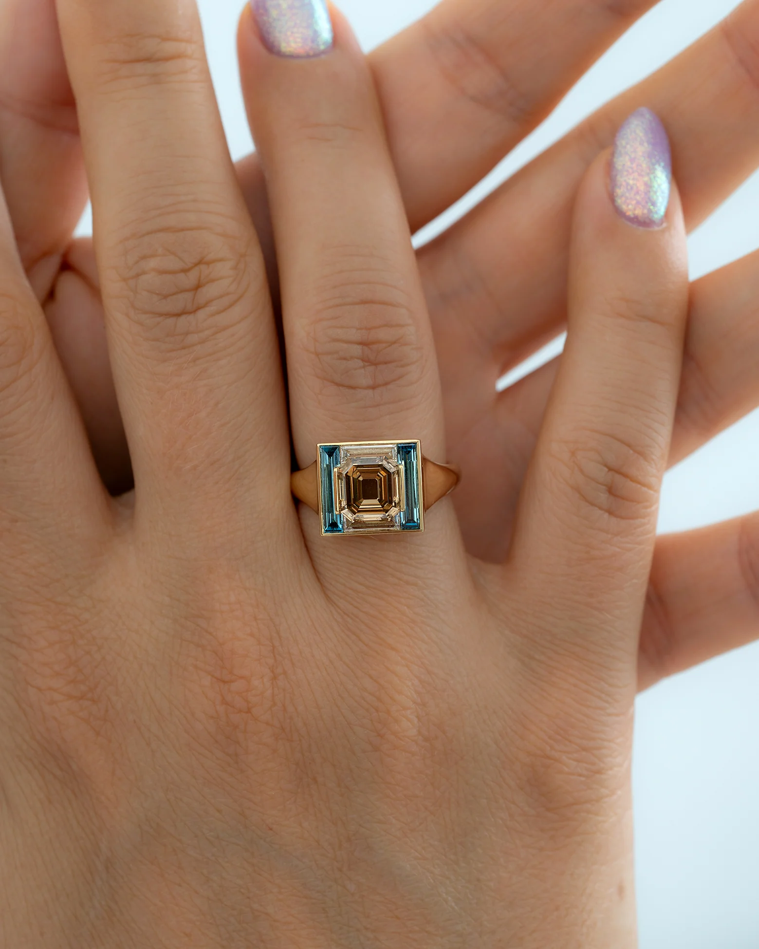 Piet Fancy Emerald Cut Diamond Ring with Teal & White Diamond Halo - Image 7