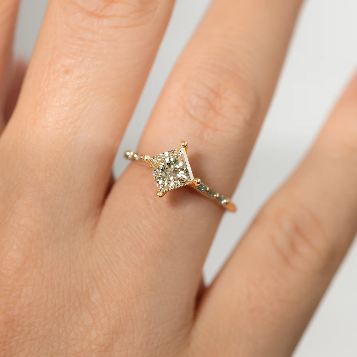 Princess Cut Solitaire Engagement ring with Baguette Diamond Detailing - OOAK - Image 3