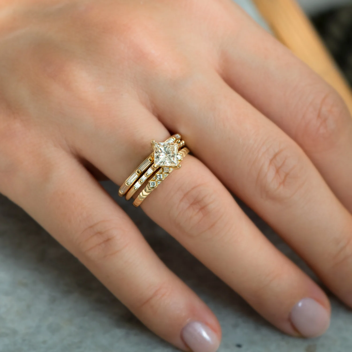Princess Cut Solitaire Engagement ring with Baguette Diamond Detailing - OOAK - Image 4