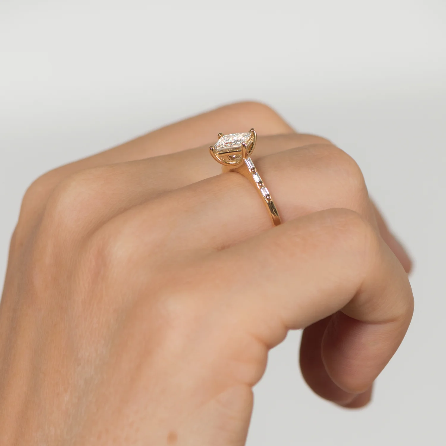 Princess Cut Solitaire Engagement ring with Baguette Diamond Detailing - OOAK - Image 5