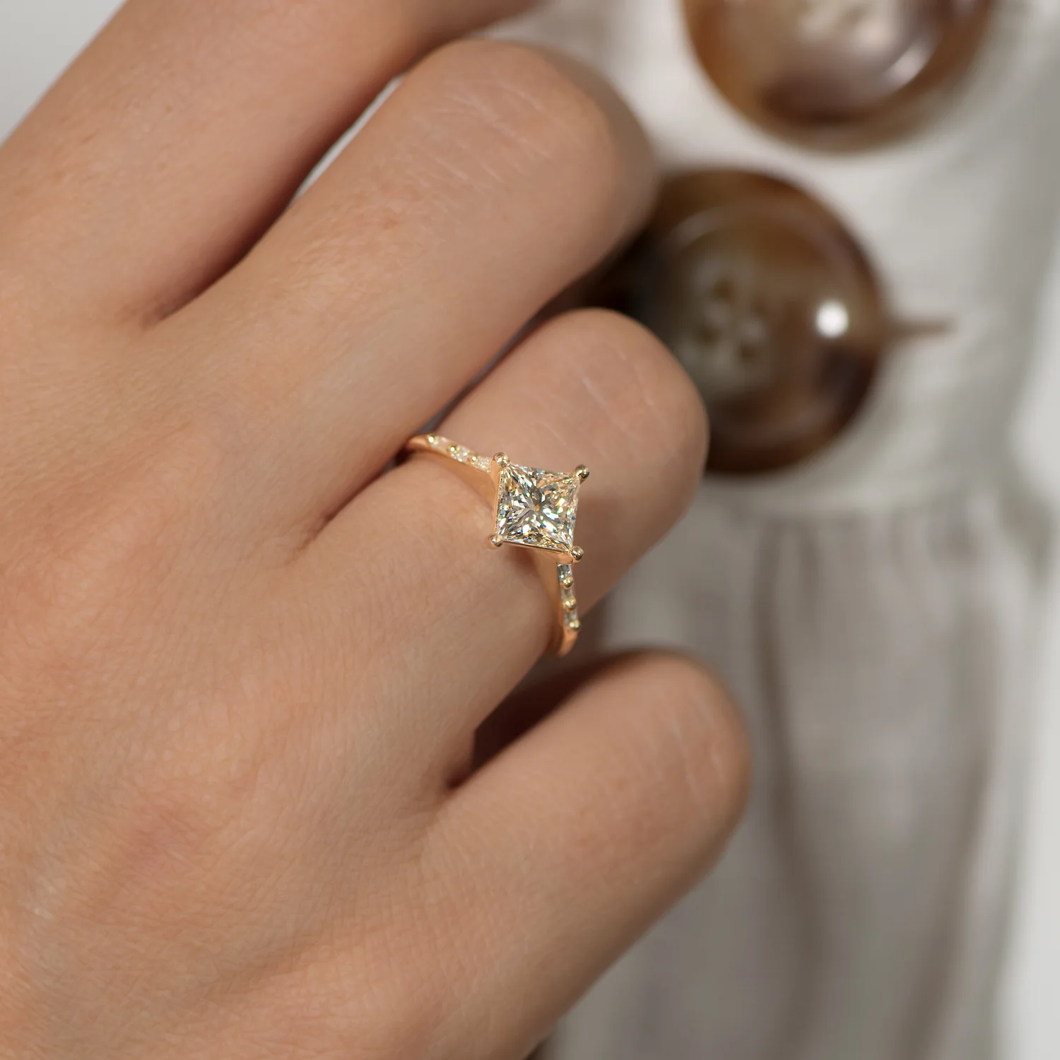 Princess Cut Solitaire Engagement ring with Baguette Diamond Detailing - OOAK - Image 6
