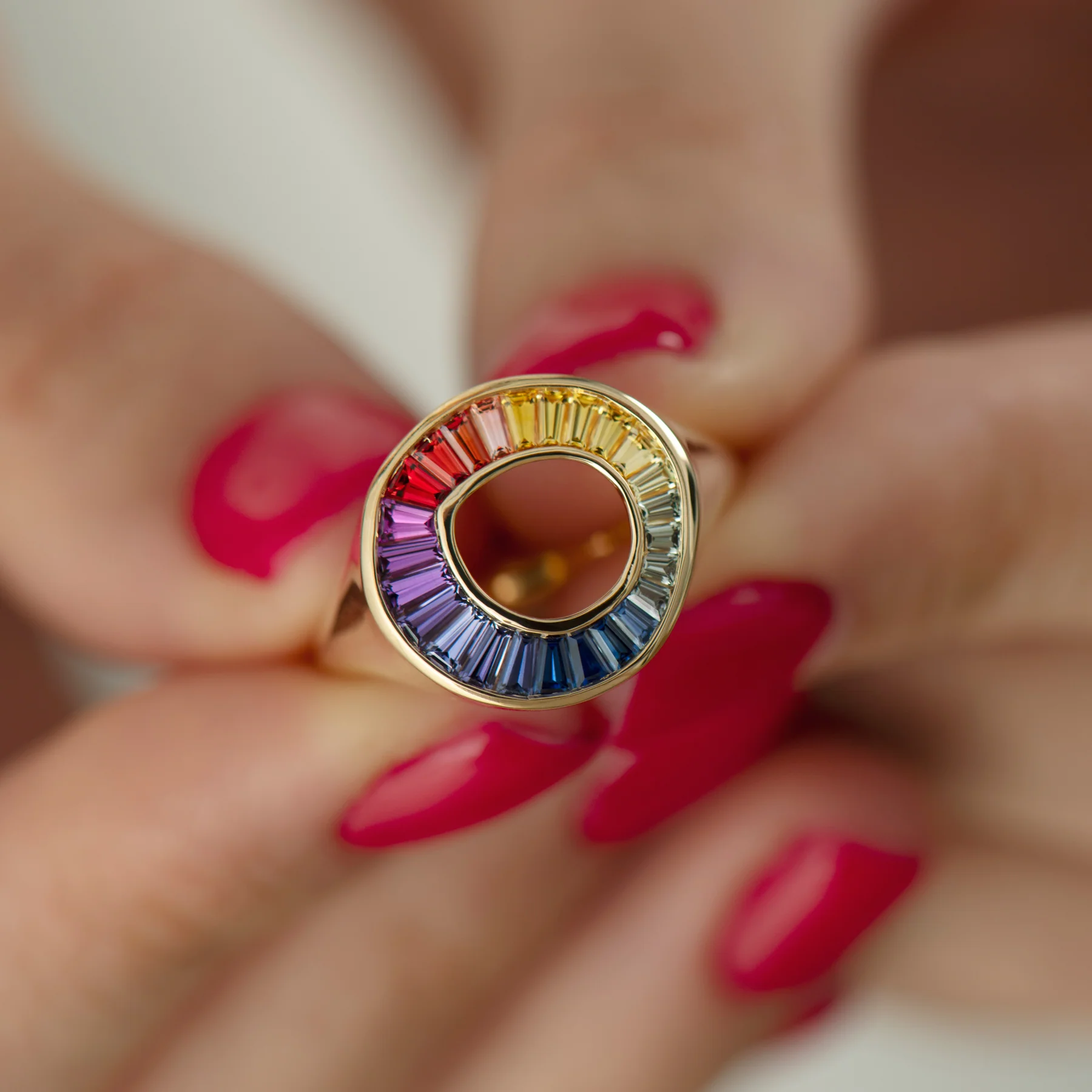 Rainbow Sapphire Baguette Sphere Ring - OOAK - Image 4