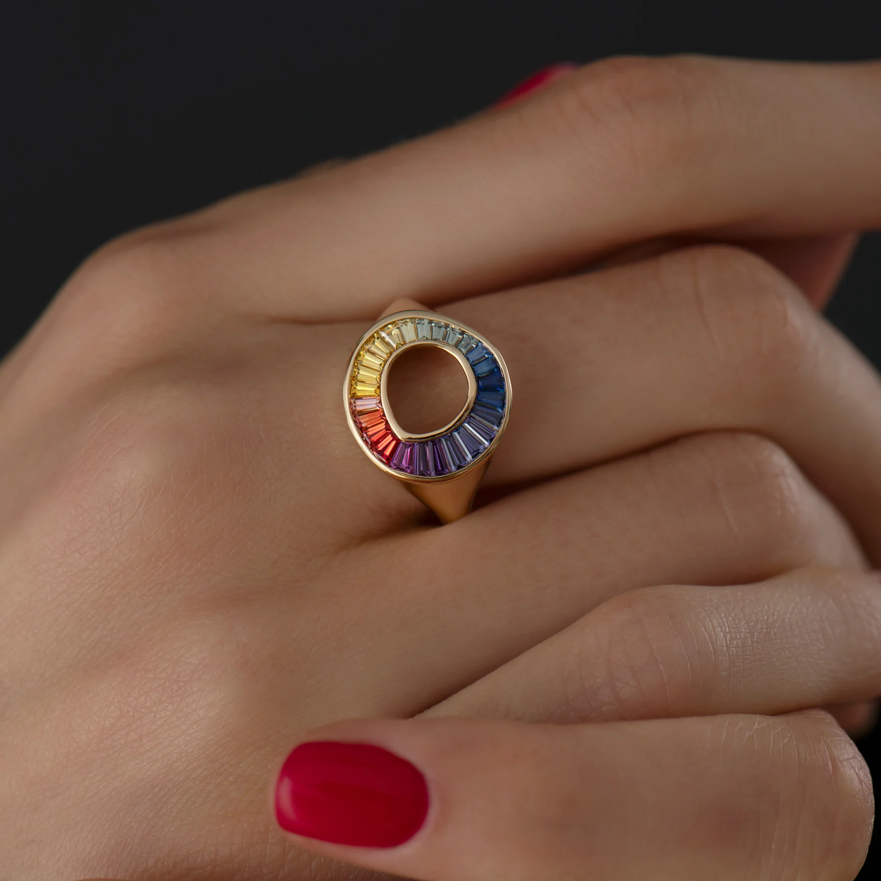 Rainbow Sapphire Baguette Sphere Ring - OOAK - Image 6