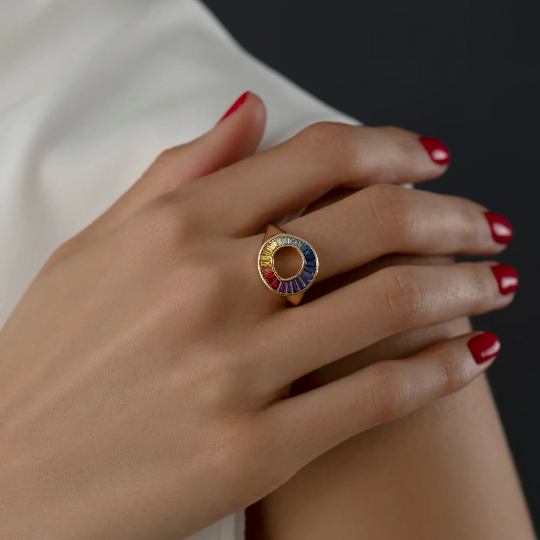 Rainbow Sapphire Baguette Sphere Ring - OOAK - Image 8