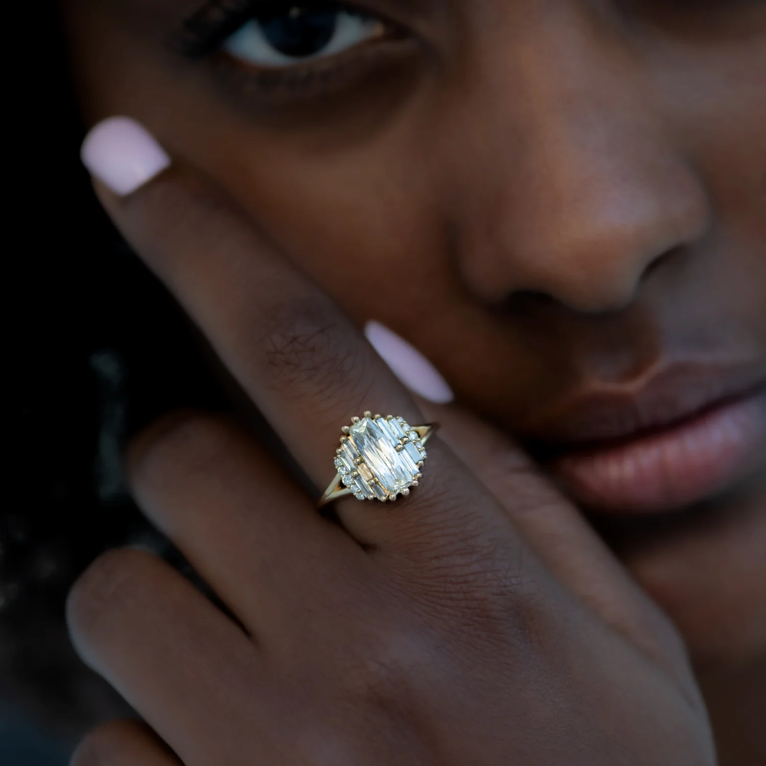 Rectangular Rose Cut Diamond Engagement Ring with Grey Baguette Diamonds - Image 2