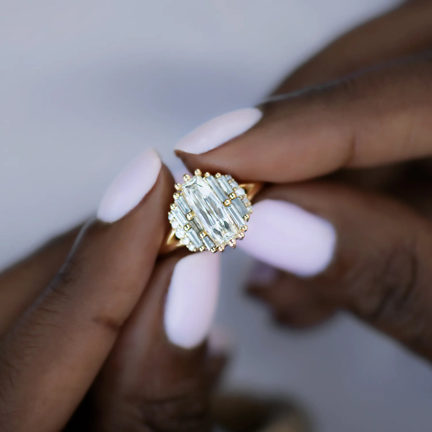 Rectangular Rose Cut Diamond Engagement Ring with Grey Baguette Diamonds - Image 3