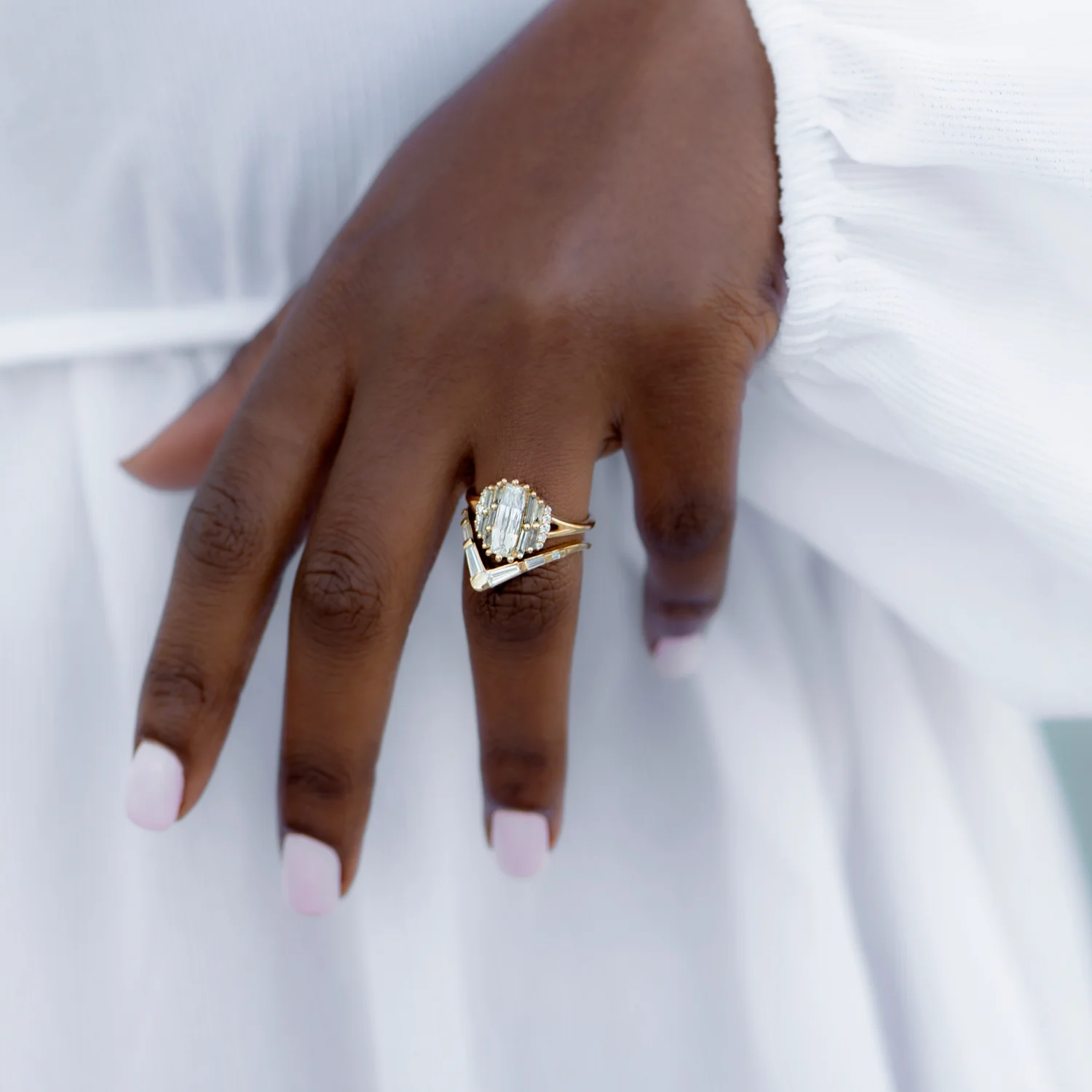 Rectangular Rose Cut Diamond Engagement Ring with Grey Baguette Diamonds - Image 4