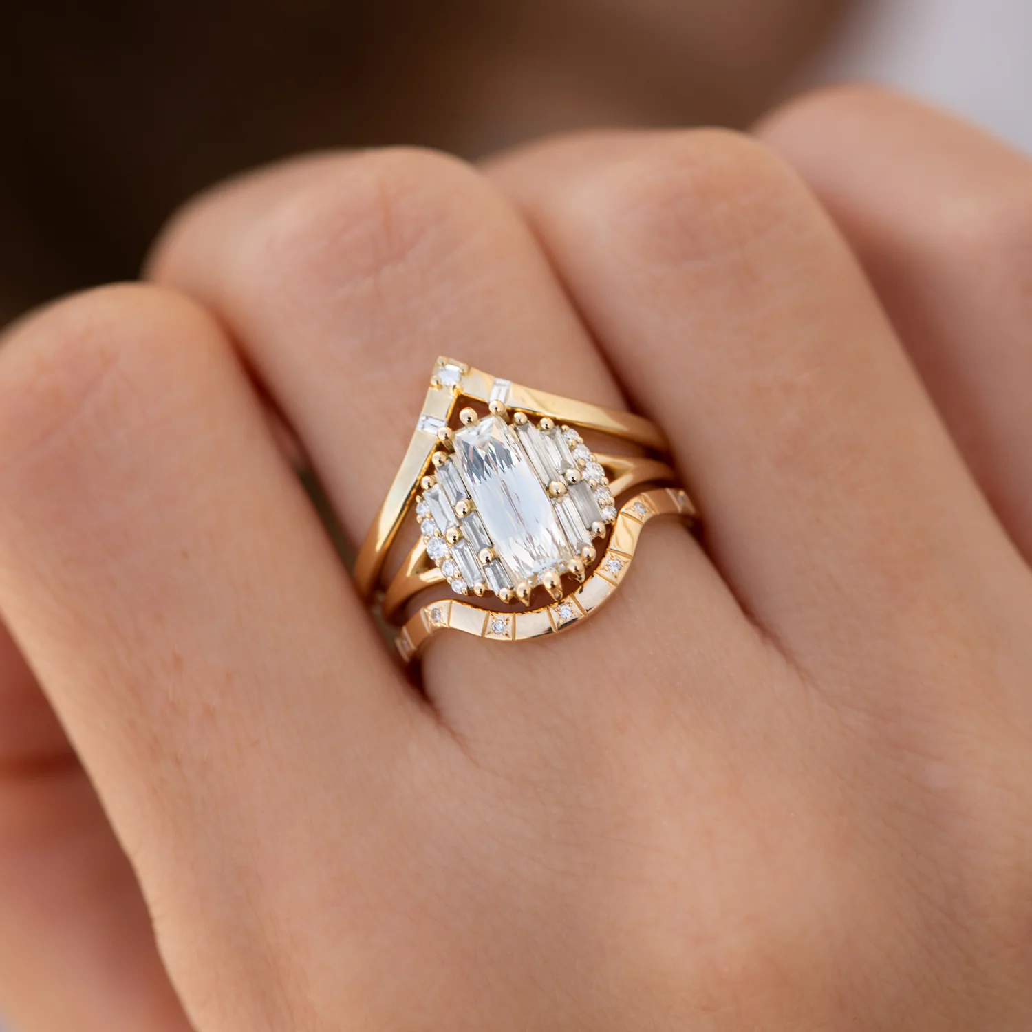 Rectangular Rose Cut Diamond Engagement Ring with Grey Baguette Diamonds - Image 5