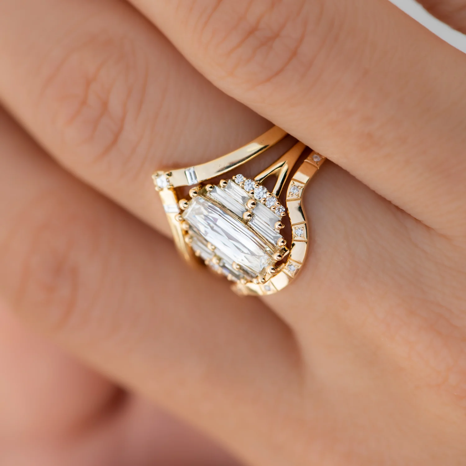 Rectangular Rose Cut Diamond Engagement Ring with Grey Baguette Diamonds - Image 6
