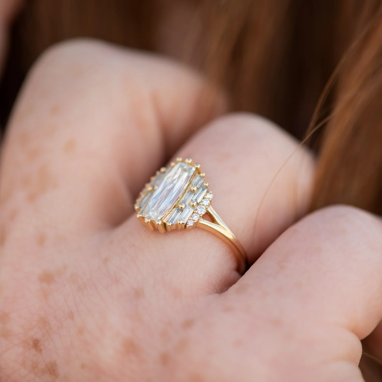 Rectangular Rose Cut Diamond Engagement Ring with Grey Baguette Diamonds - Image 7