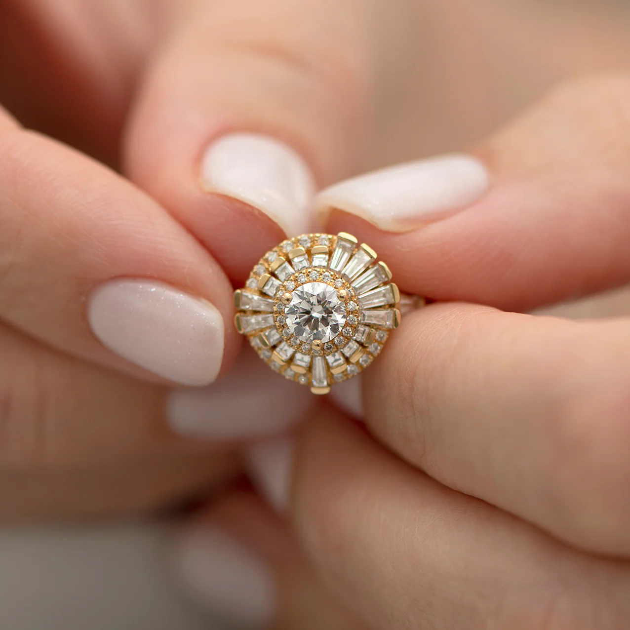Round Diamond Cluster Ring with Asymmetric Frills - Image 10