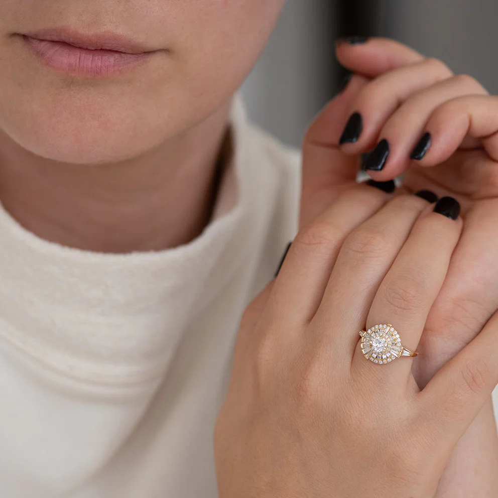 Round Diamond Cluster Ring with Asymmetric Frills - Image 7