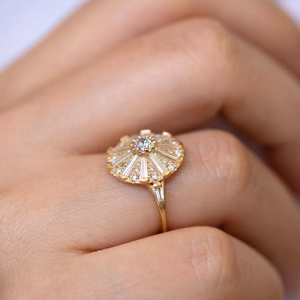 Round Engagement Ring with Long Tapered Baguette Diamonds // the Sun Temple Ring - Image 5