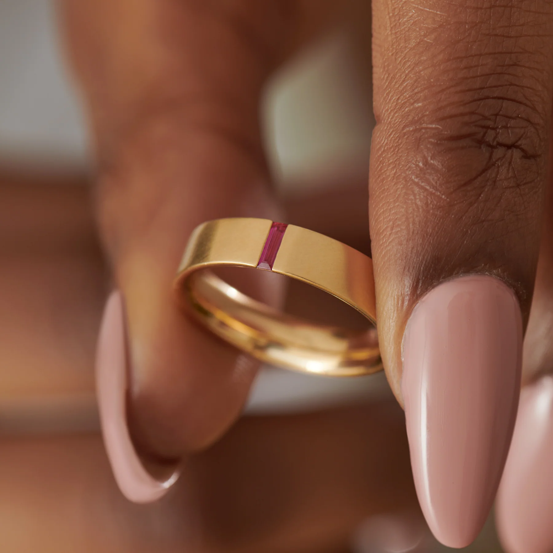 Ruby Baguette Unisex Matte Gold Wedding Band - Image 2