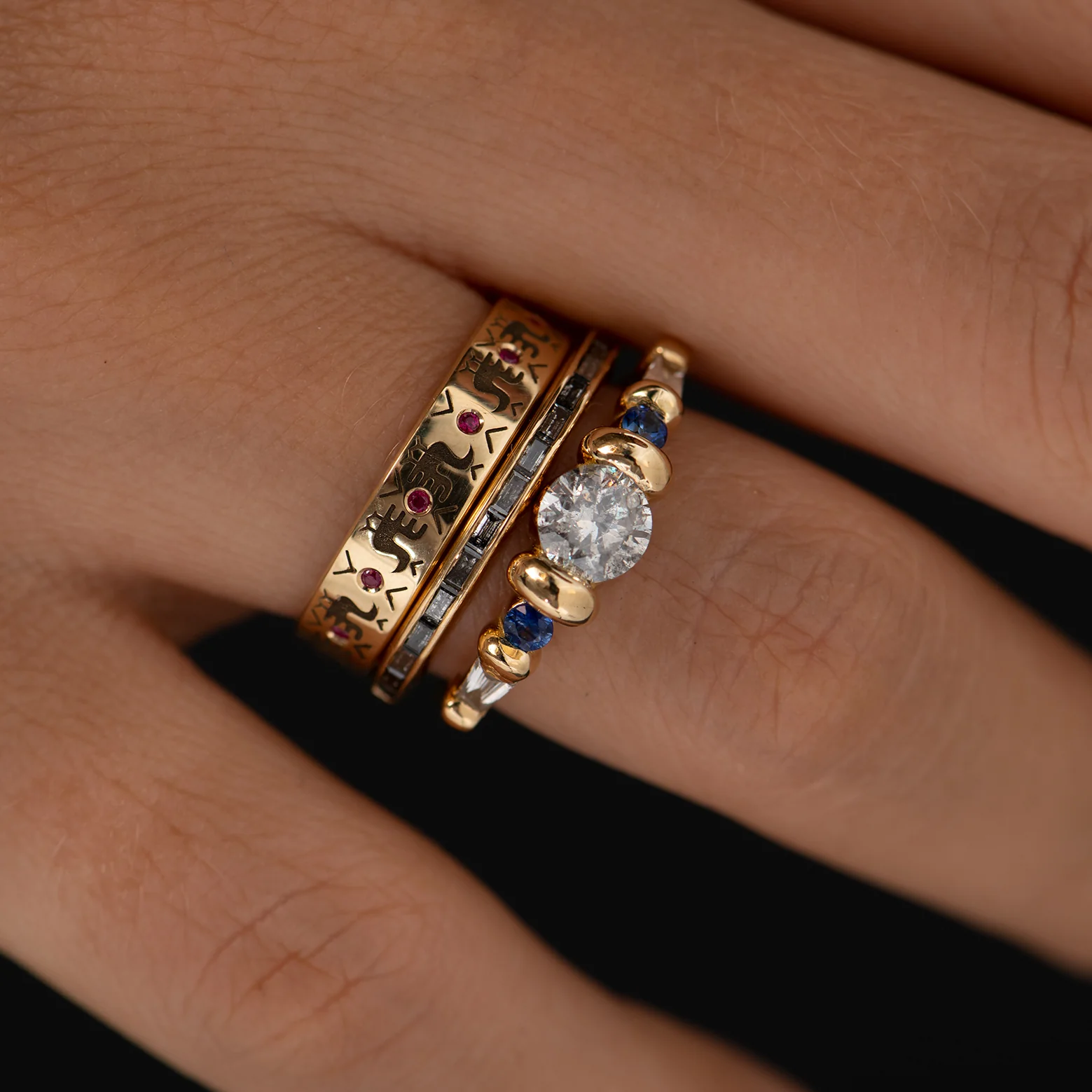 Salt and Pepper Diamond Ring with Blue Sapphires - Image 6