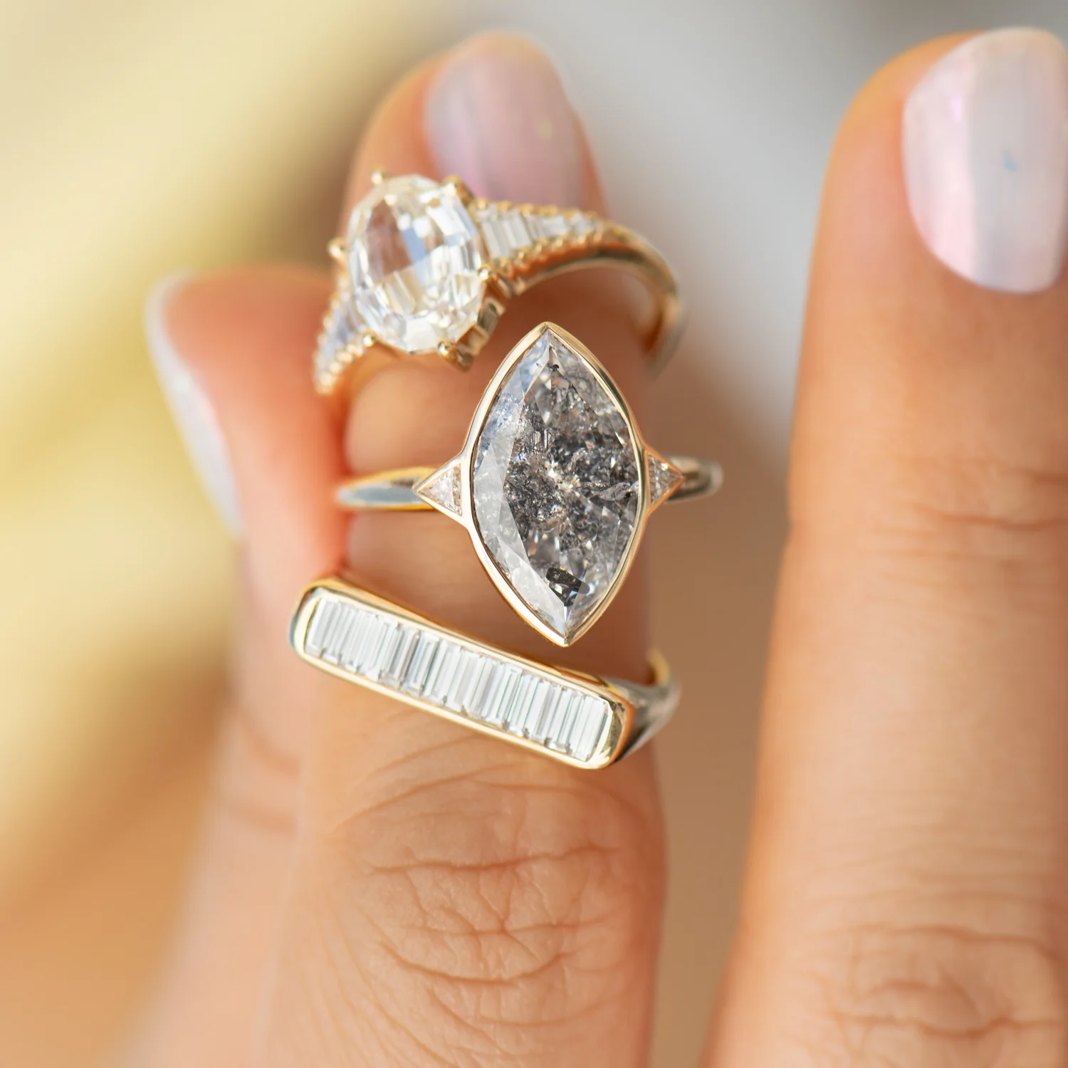 Salt and Pepper Engagement Ring with a 3 Carat Marquise Diamond - OOAK - Image 4