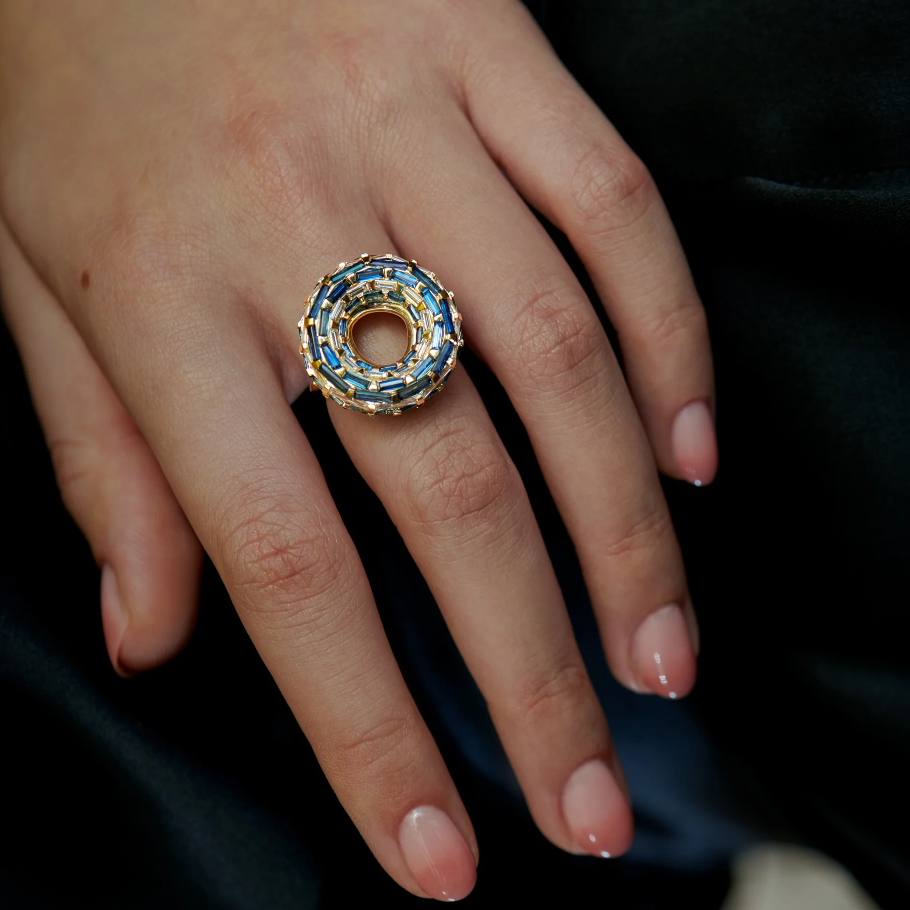 Saturn Moons Ring with Blue Sapphire & White Diamond Baguettes - Image 6