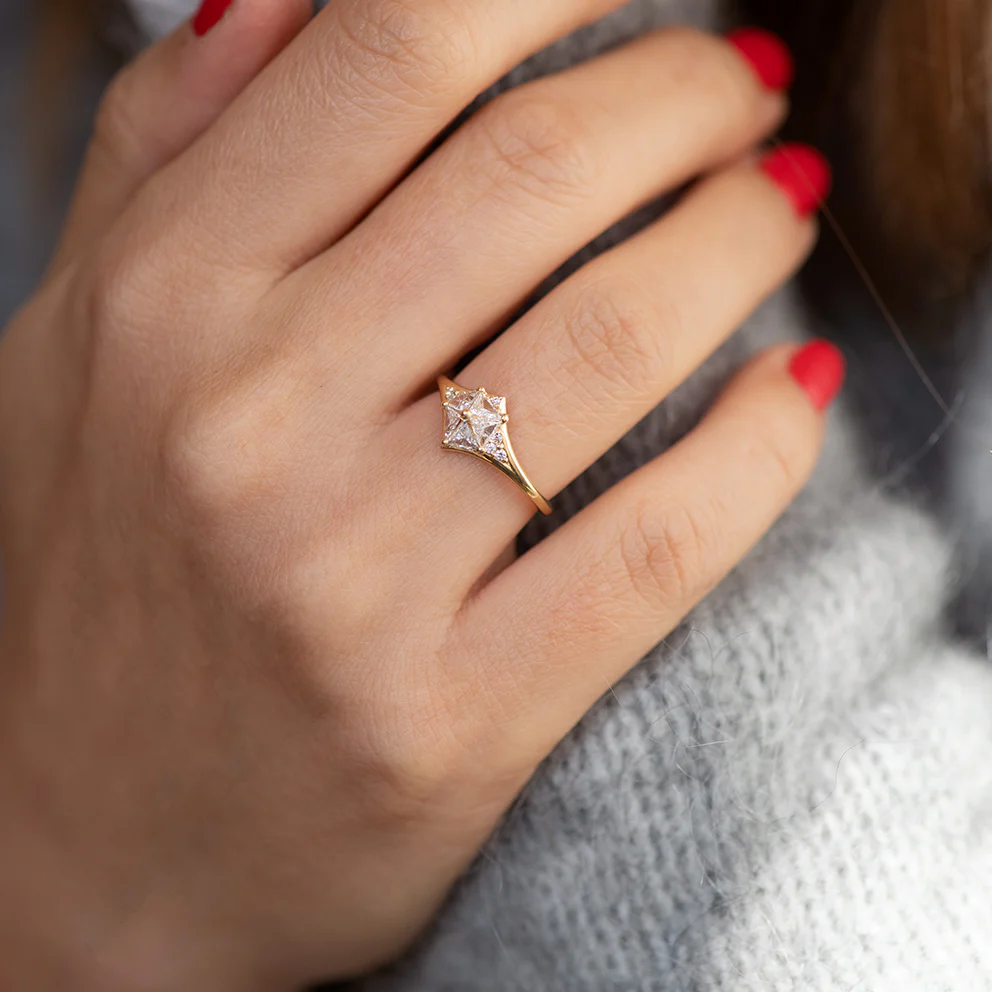 Star Engagement Ring with Five Triangle Cut Diamonds - Image 4
